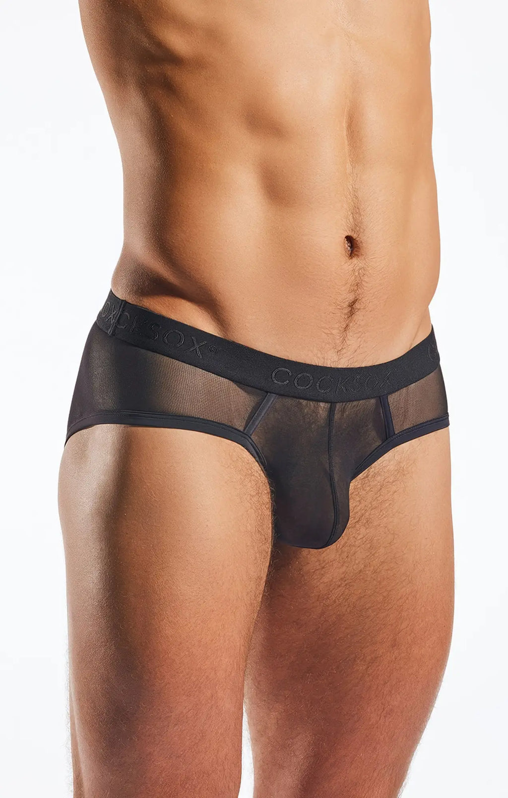 Black sheer mesh briefs cx76me with solid black waistband featuring cockbox brand name for sports use