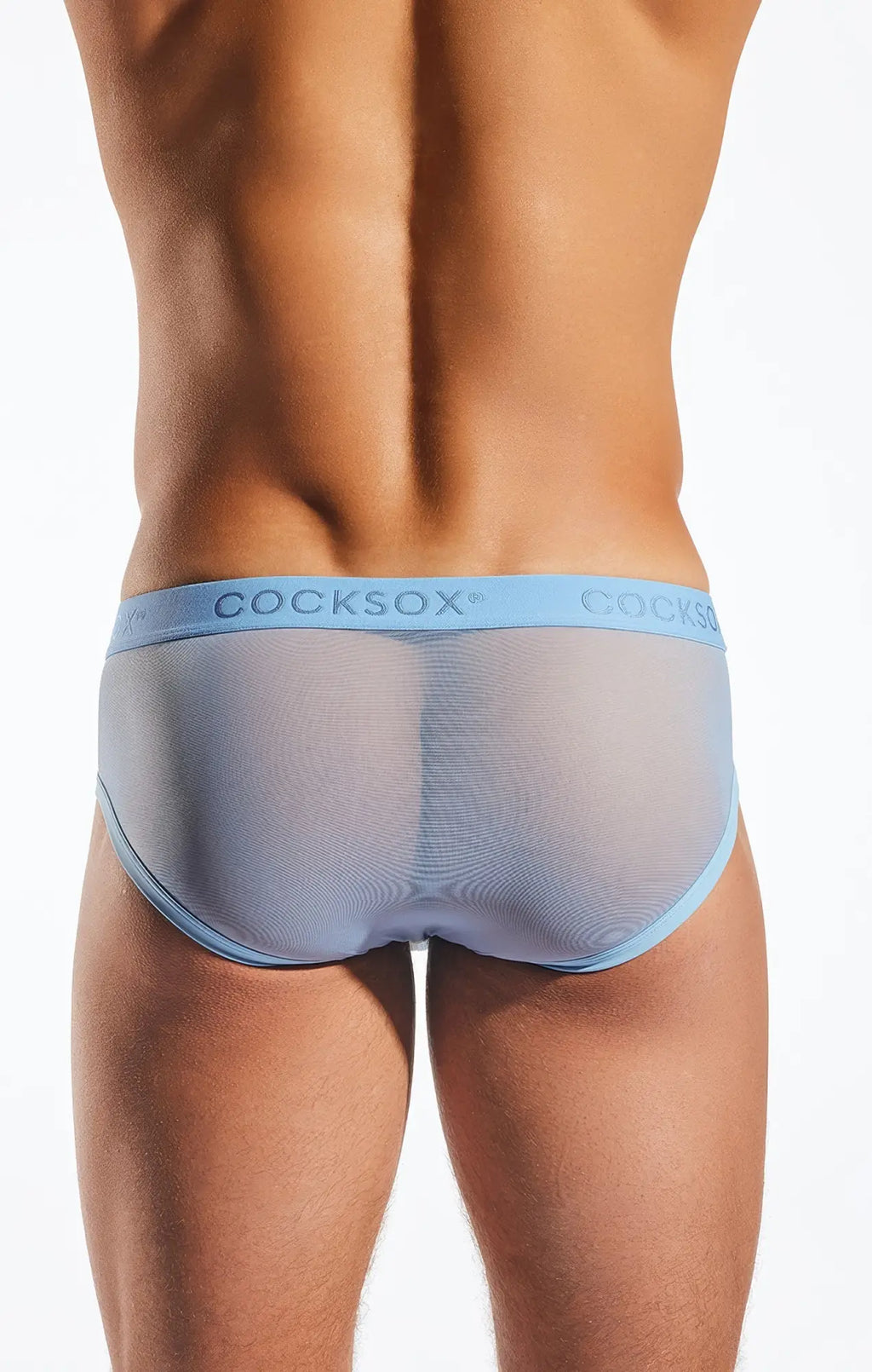 Light blue sheer mesh briefs with a solid light blue waistband featuring cocksox brand name cx76me mesh sports brief