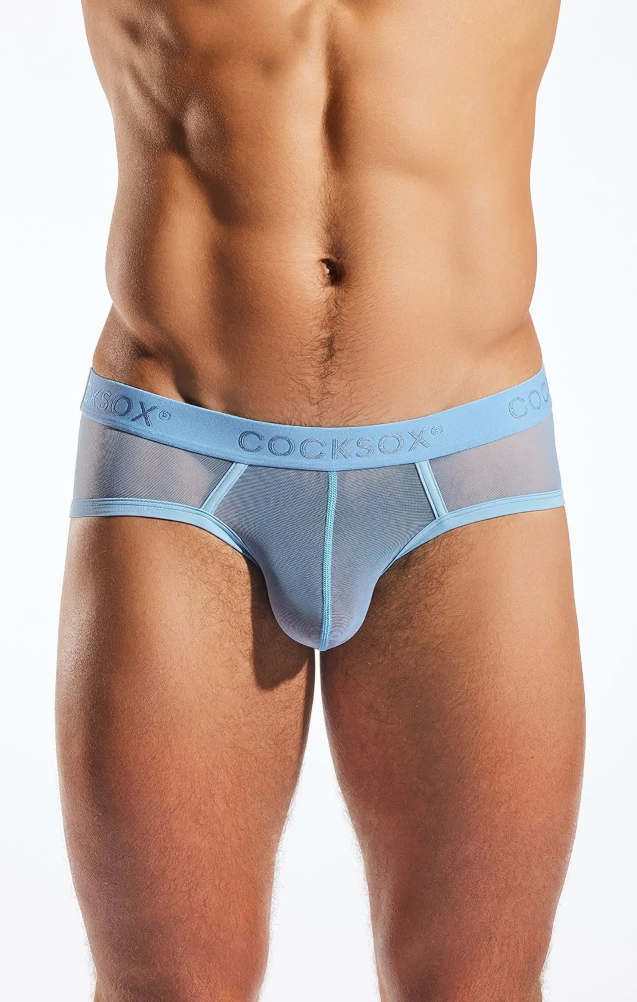 Light blue mesh sports briefs cx76me with solid waistband featuring the cocksox brand name
