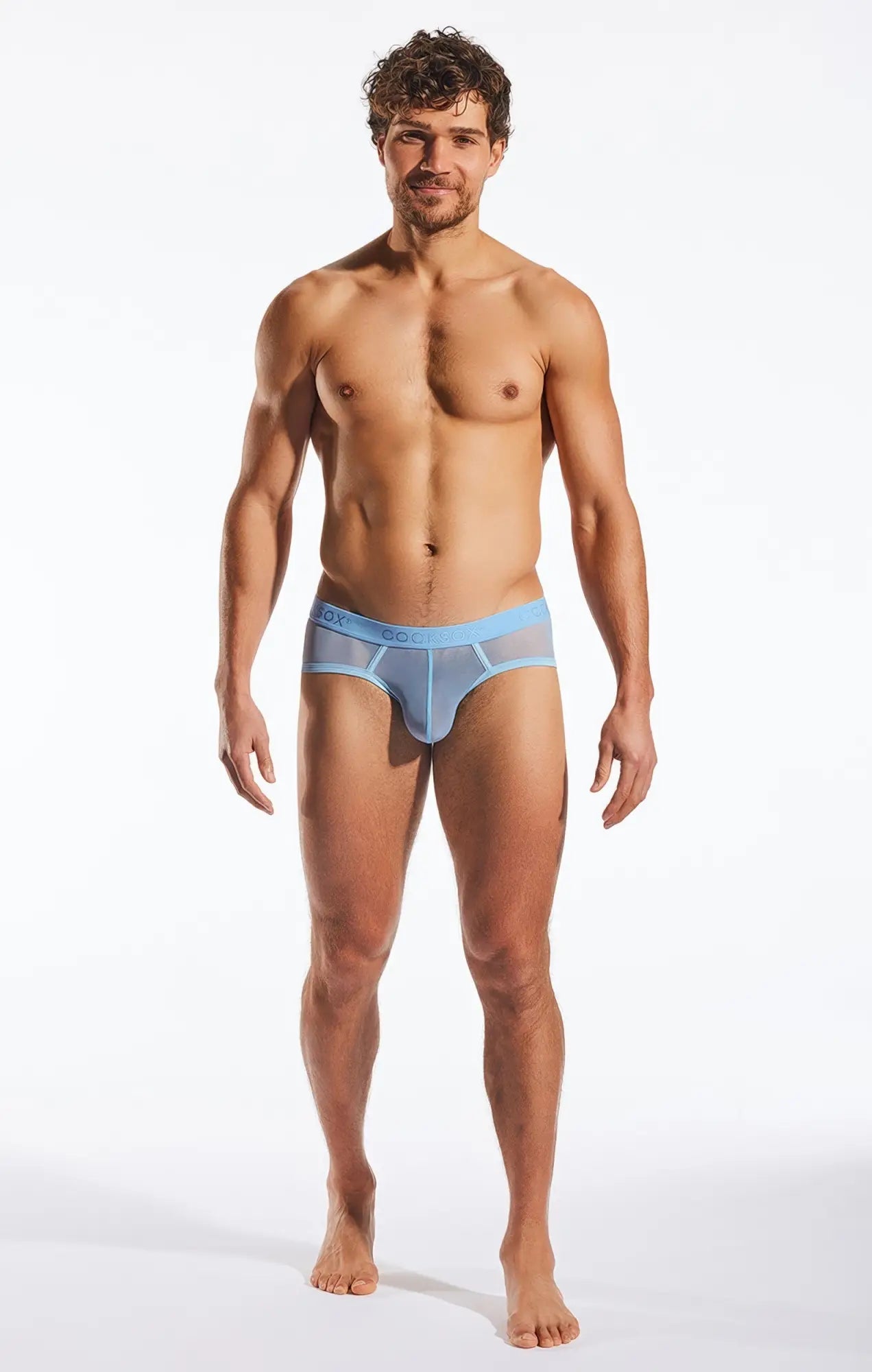 Light blue mesh sports briefs with solid waistband featuring cox brand logo cx76me mesh sports brief