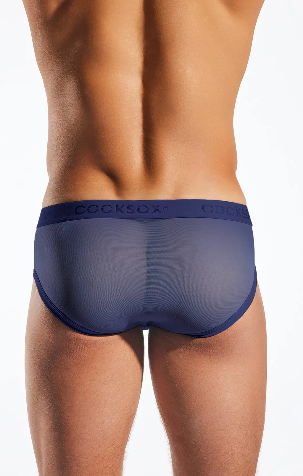 Navy blue cx76me mesh sports briefs with a solid waistband featuring the cocksox brand name