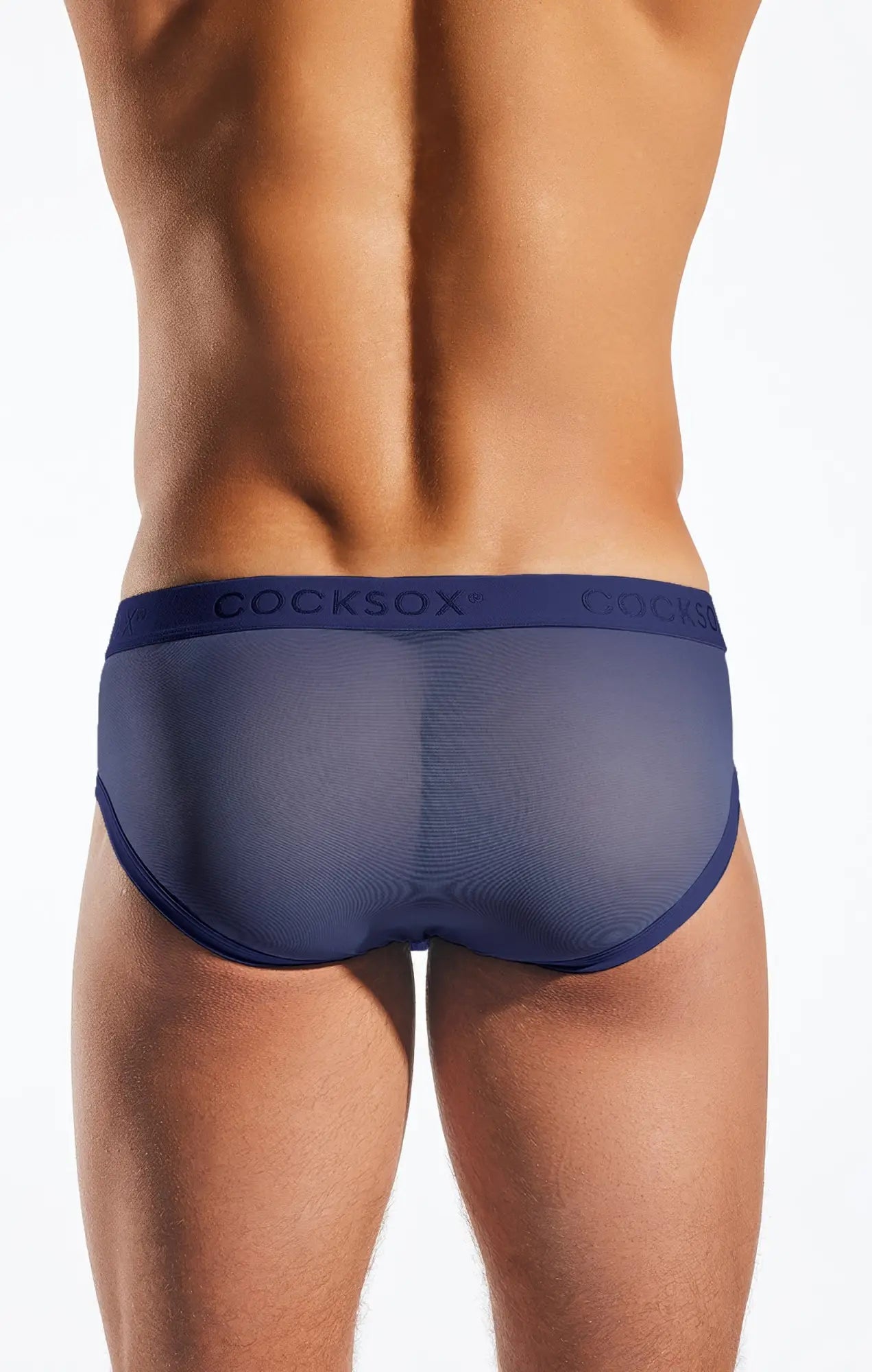 Navy blue cx76me mesh sports briefs with a solid waistband featuring the cocksox brand name