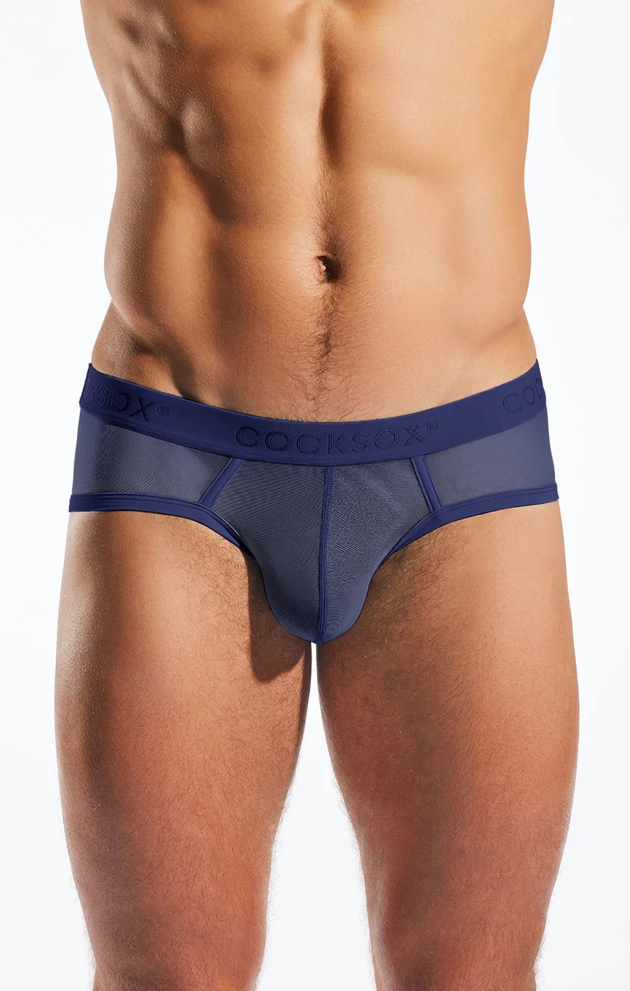 Navy blue cocksox cx76me mesh sports briefs with a solid waistband made of breathable mesh material