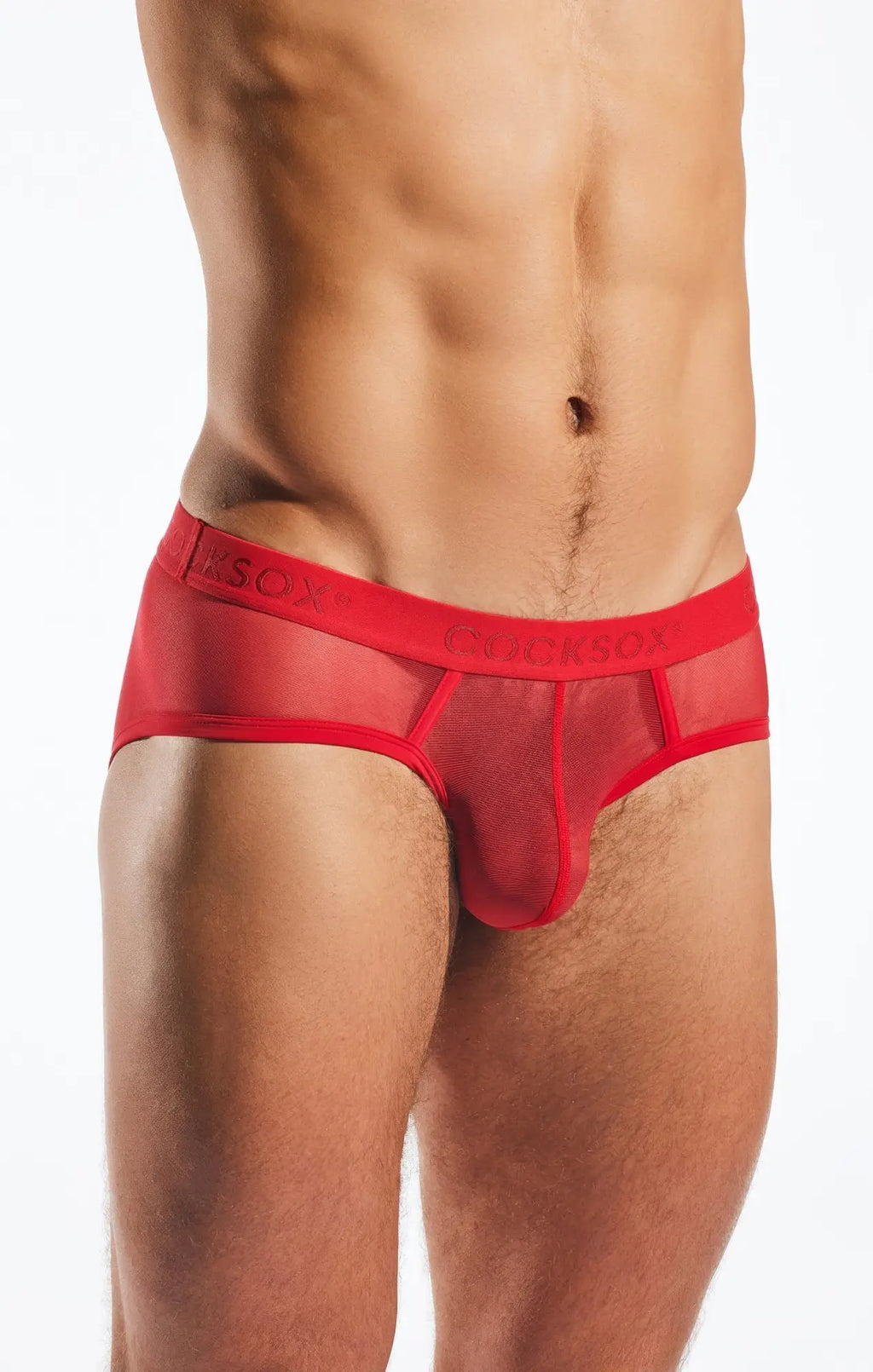 Red sheer mesh sports briefs with a form-fitting design and cocksox embossed waistband cx76me mesh sports brief