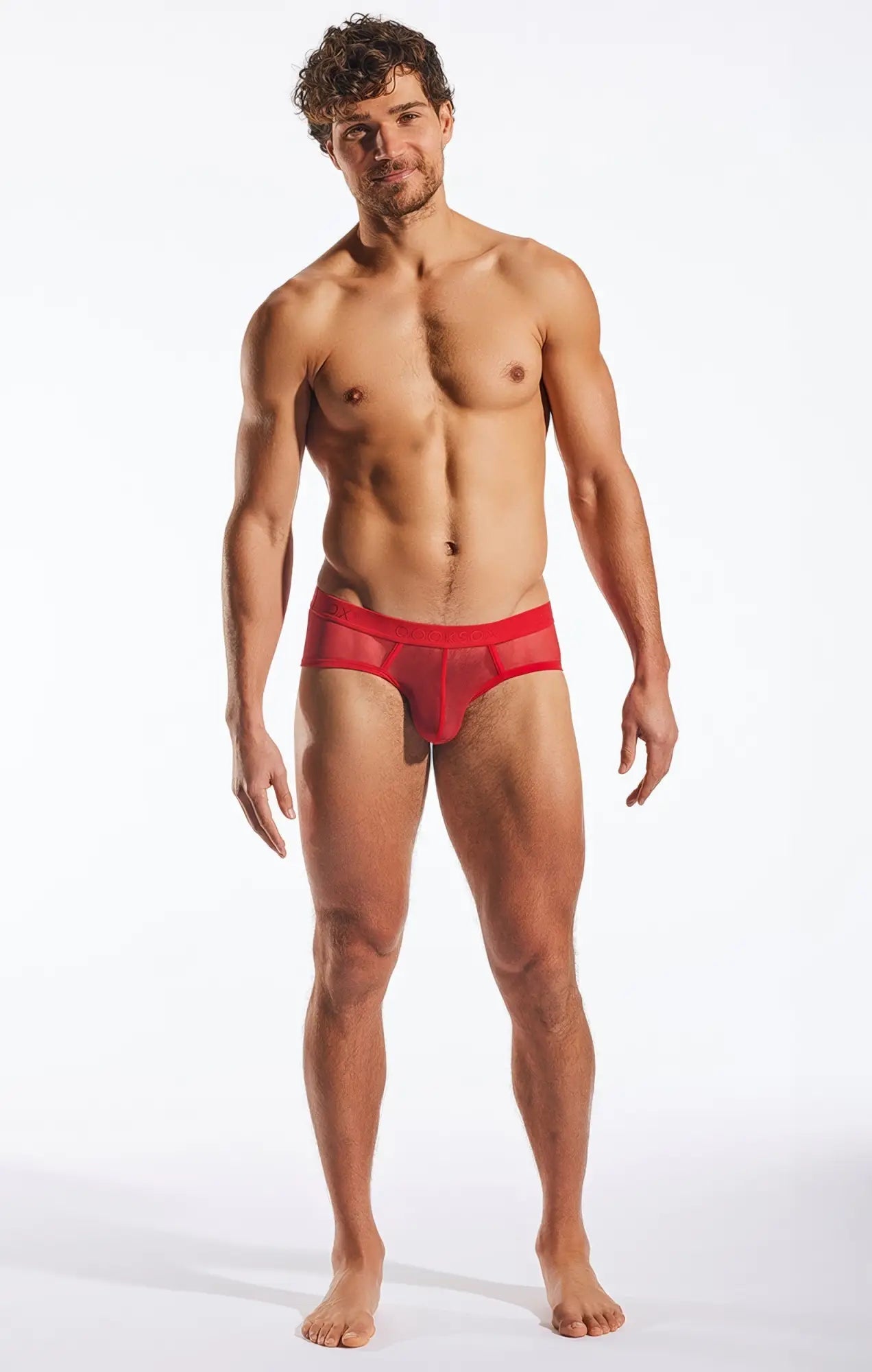 Red mesh sports briefs cx76me with solid red waistband designed for breathability and comfort during workouts