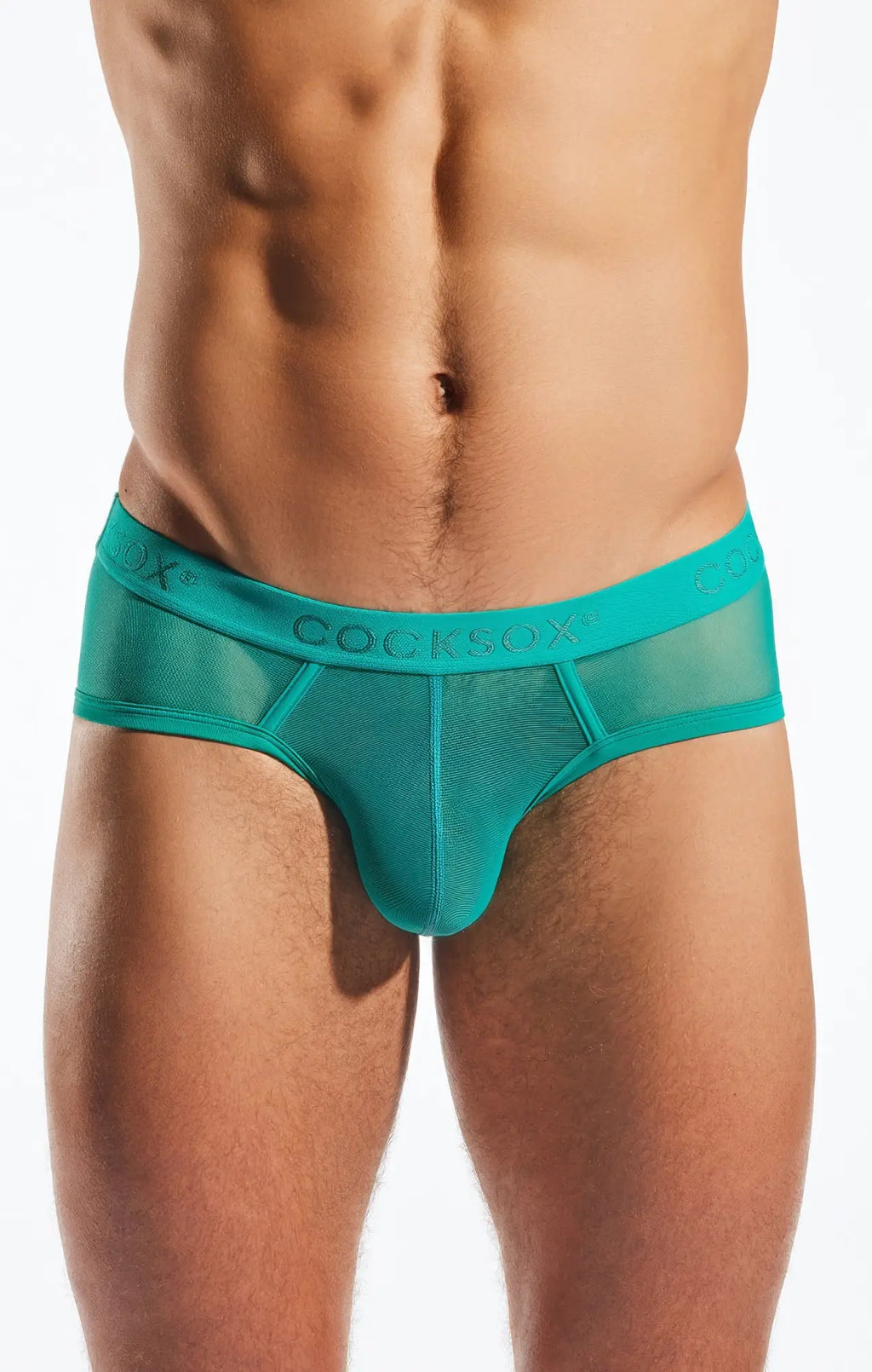 Teal mesh sports briefs cx76me with branded waistband designed for breathable athletic wear