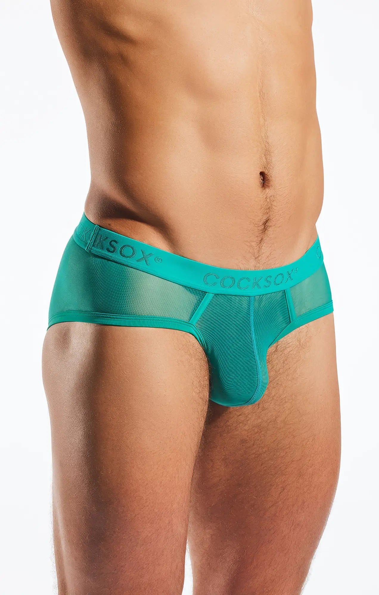 Teal mesh cocksox briefs with branded waistband designed for sports and comfort in cx76me mesh sports brief style