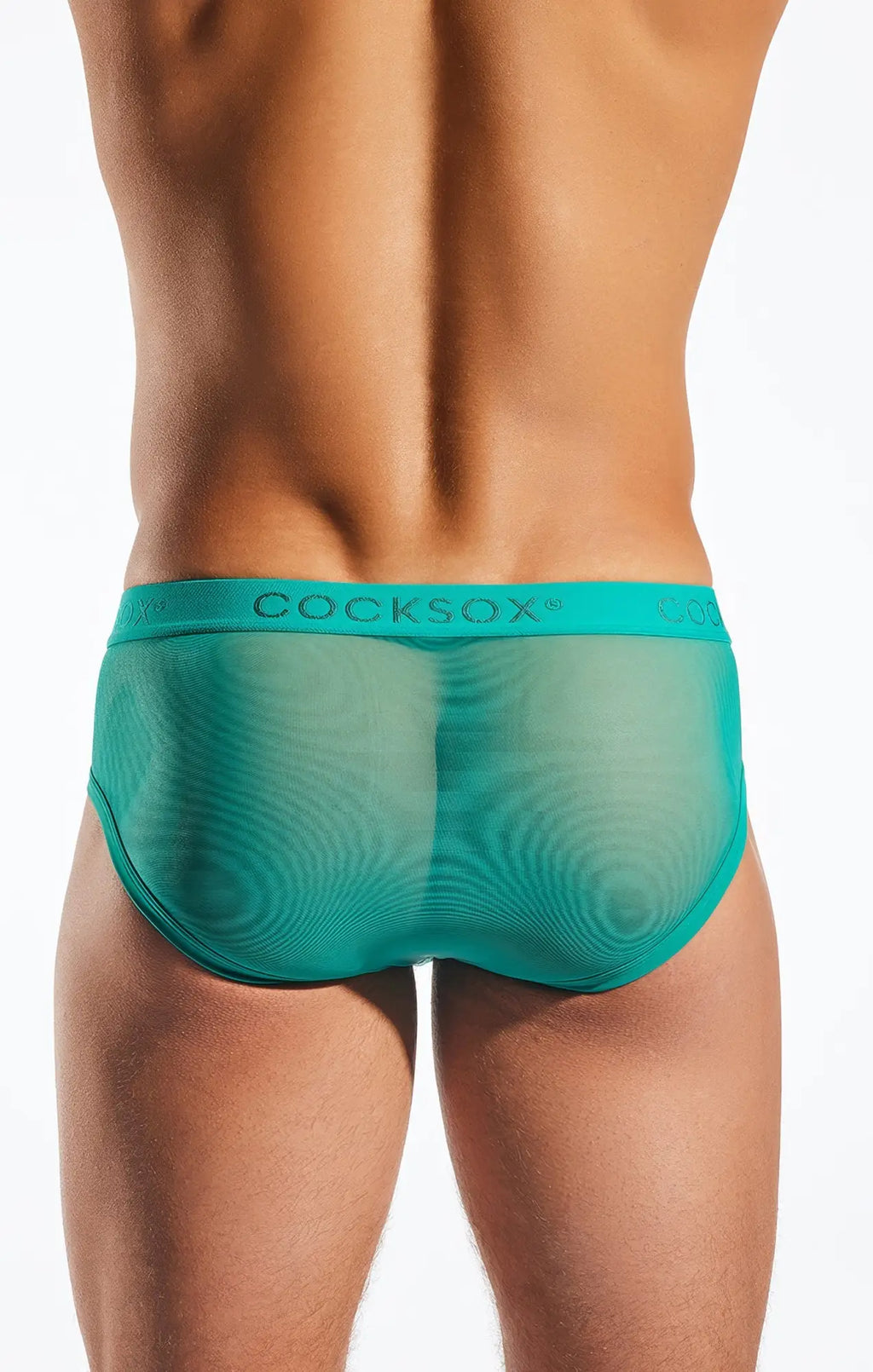 Teal translucent mesh sports briefs with subtle swirling pattern and cocksox branding on the waistband cx76me model