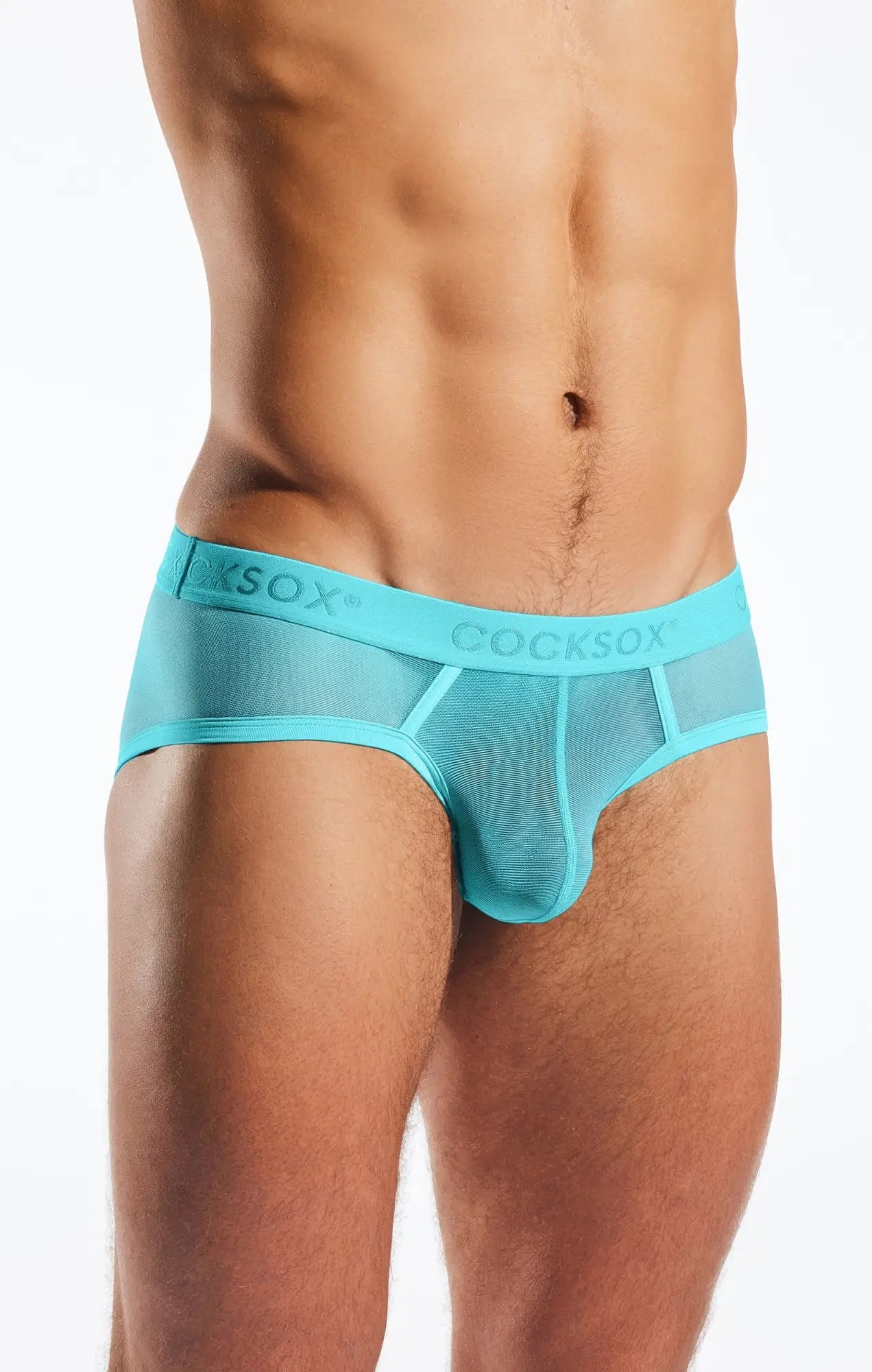 Turquoise mesh sports briefs cx76me with branded waistband designed for breathable athletic wear