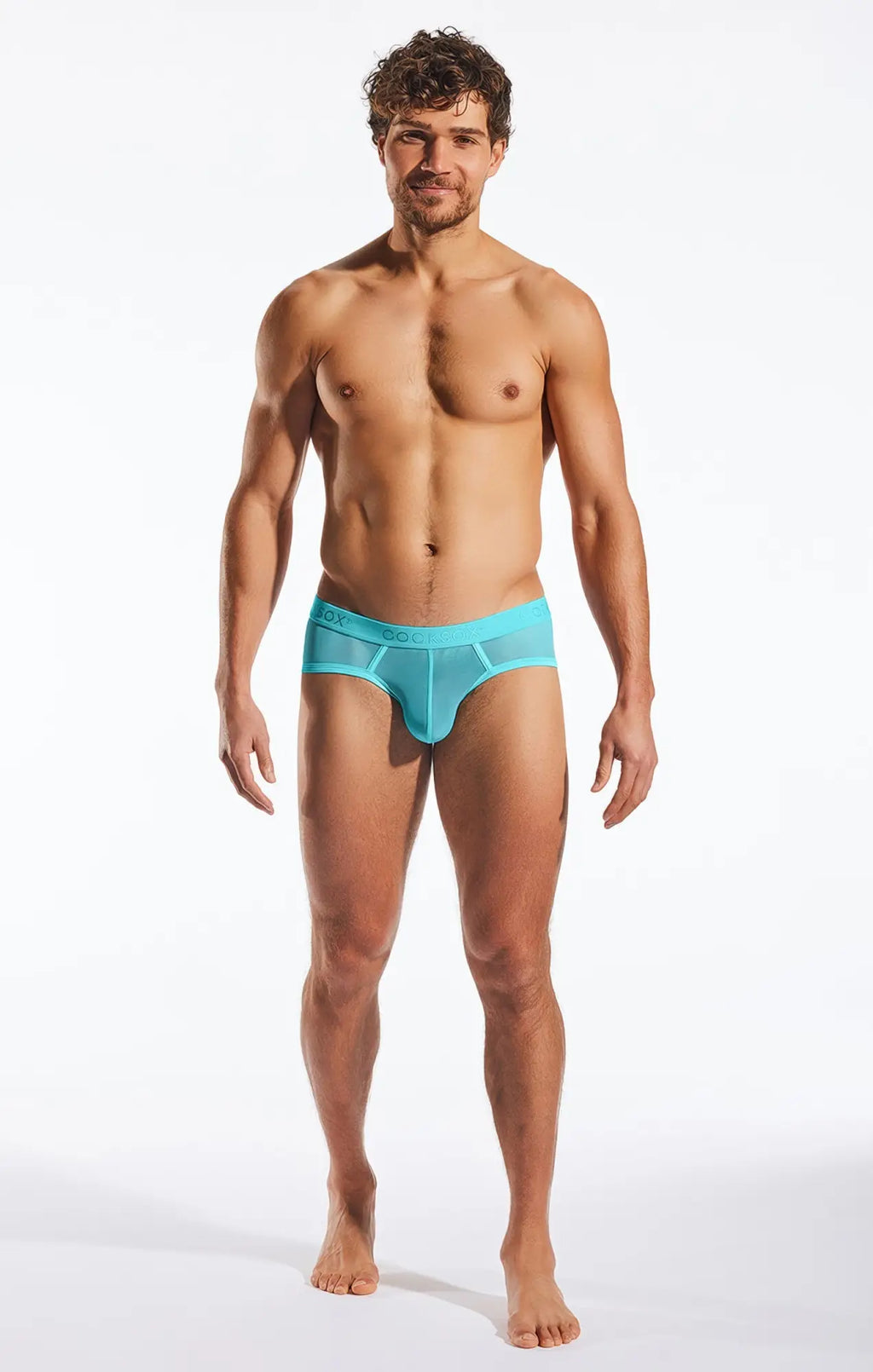A turquoise mesh sports brief with a sleek form-fitting design and bon brand name on the waistband