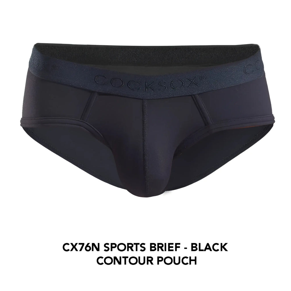 Black cocksox cx76n sports brief in black with contour pouch and subtle brand logo on waistband for active wear