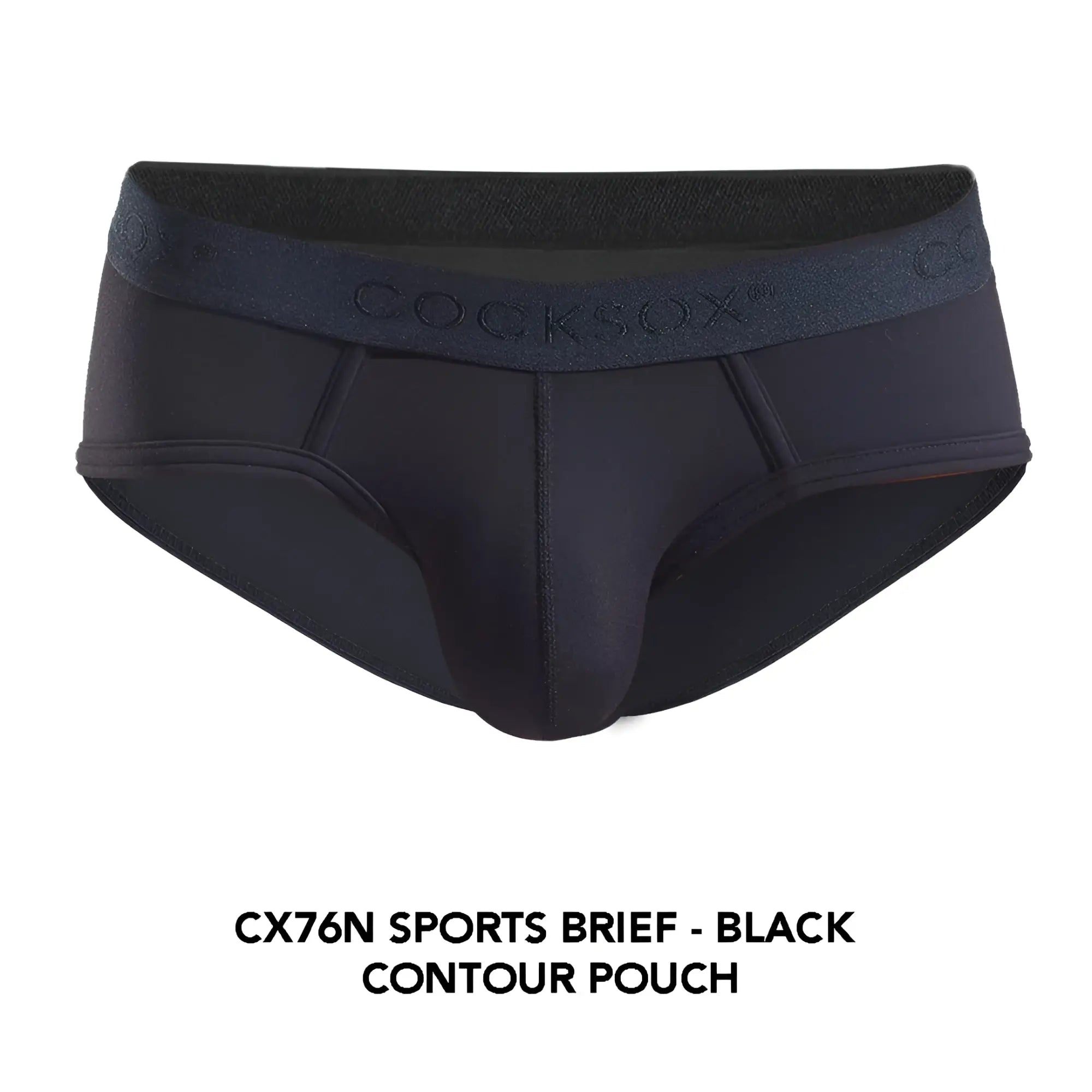 Black cocksox cx76n sports brief in black with contour pouch and subtle brand logo on waistband for active wear