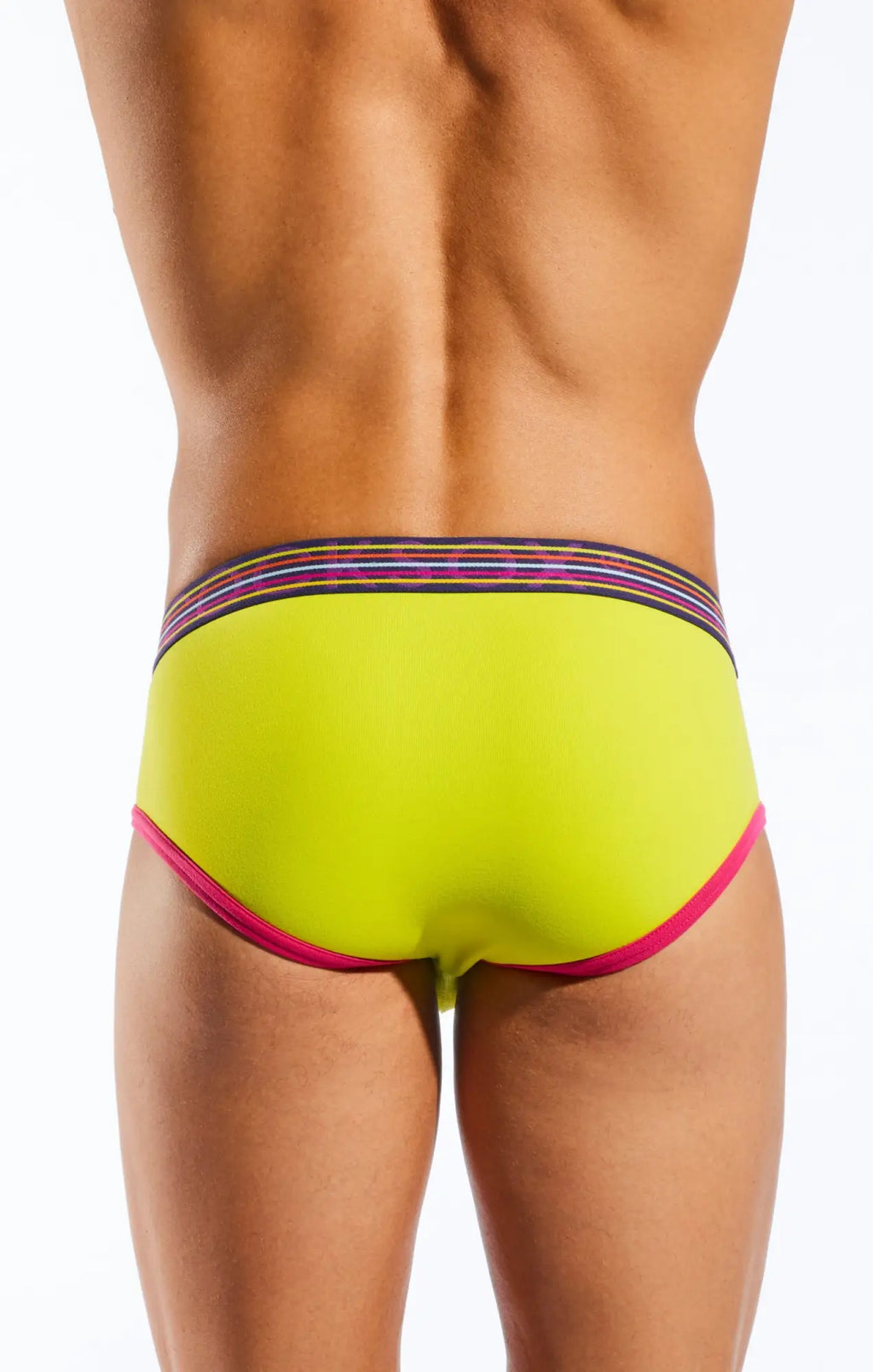 Cx76n sports brief neon green swim trunks with pink trim and multicolored striped waistband for active use