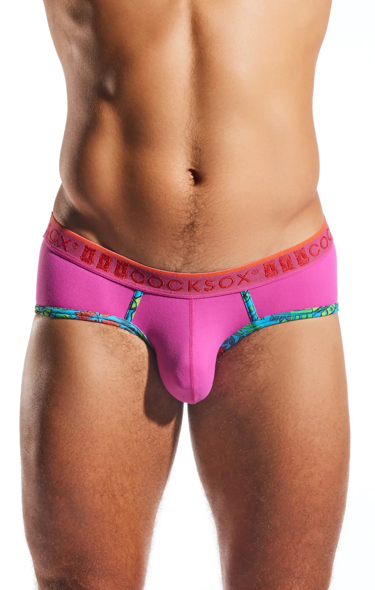 Cx76n sports brief bright pink men’s briefs with bold orange ufocksox waistband and colorful patterned leg trim