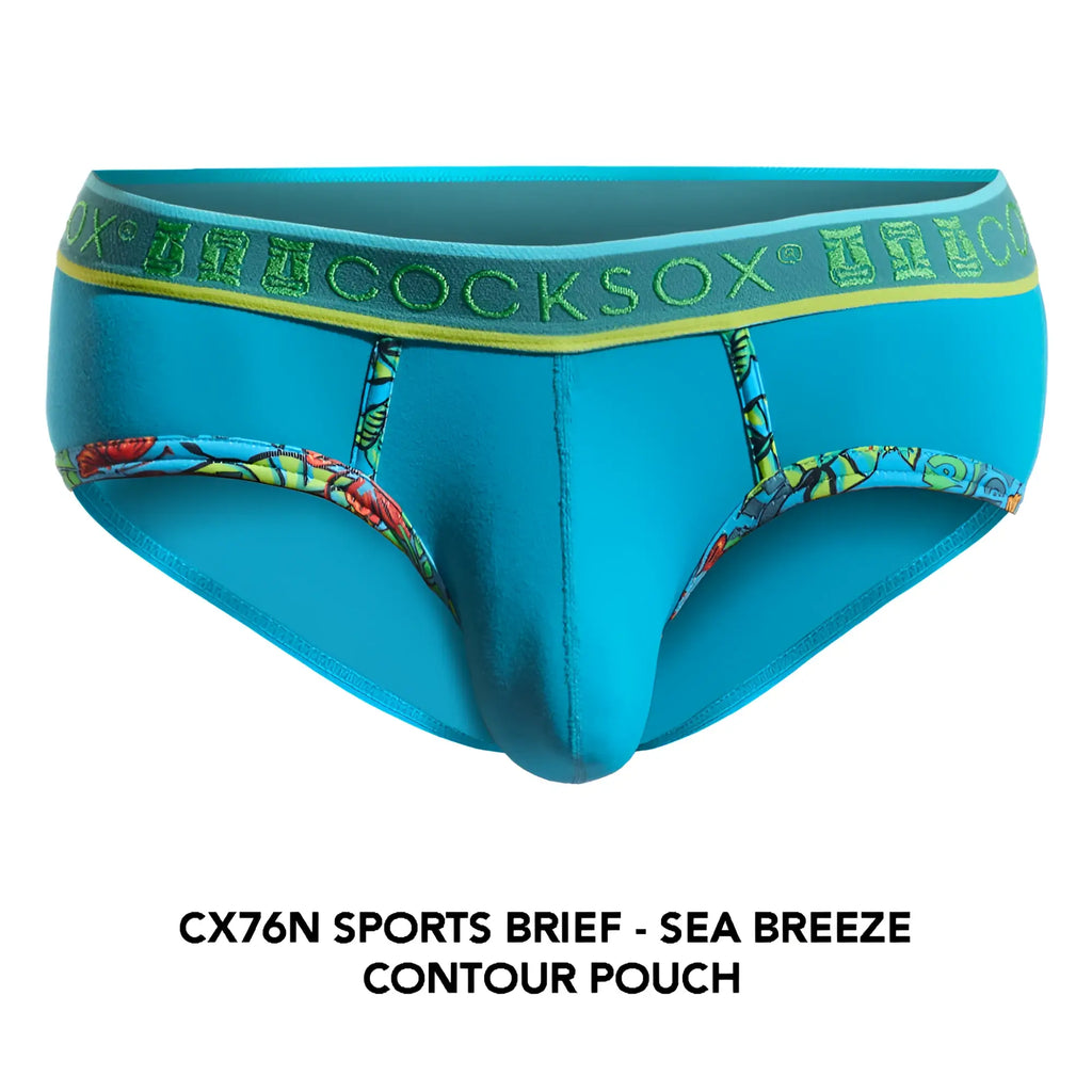 Bright turquoise blue cx76n men’s sports brief with yellow green waistband tropical side panels and contour pouch design