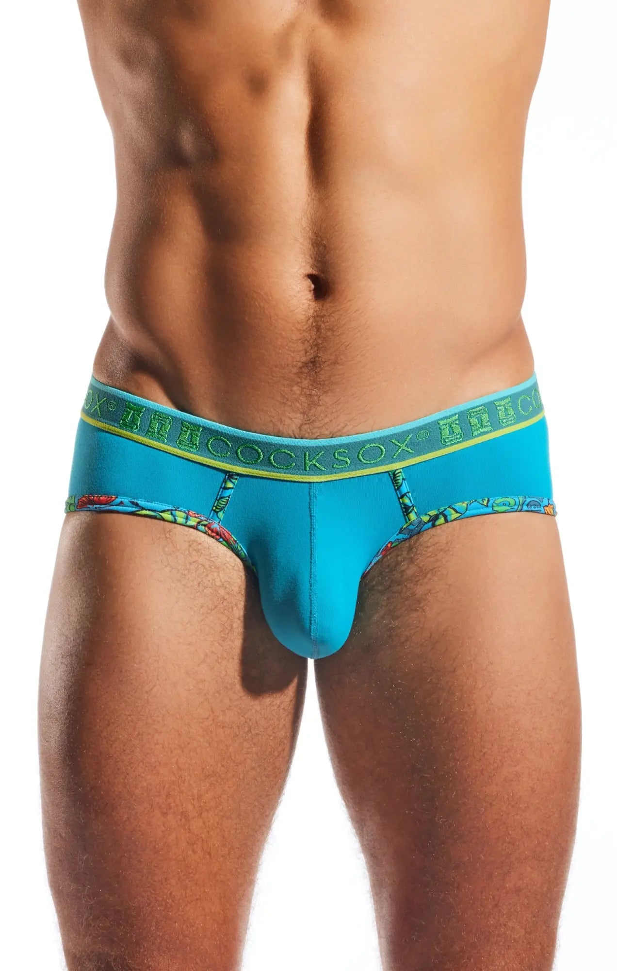 Cx76n sports brief bright turquoise cocksox briefs with green patterned waistband and colorful tropical leg print