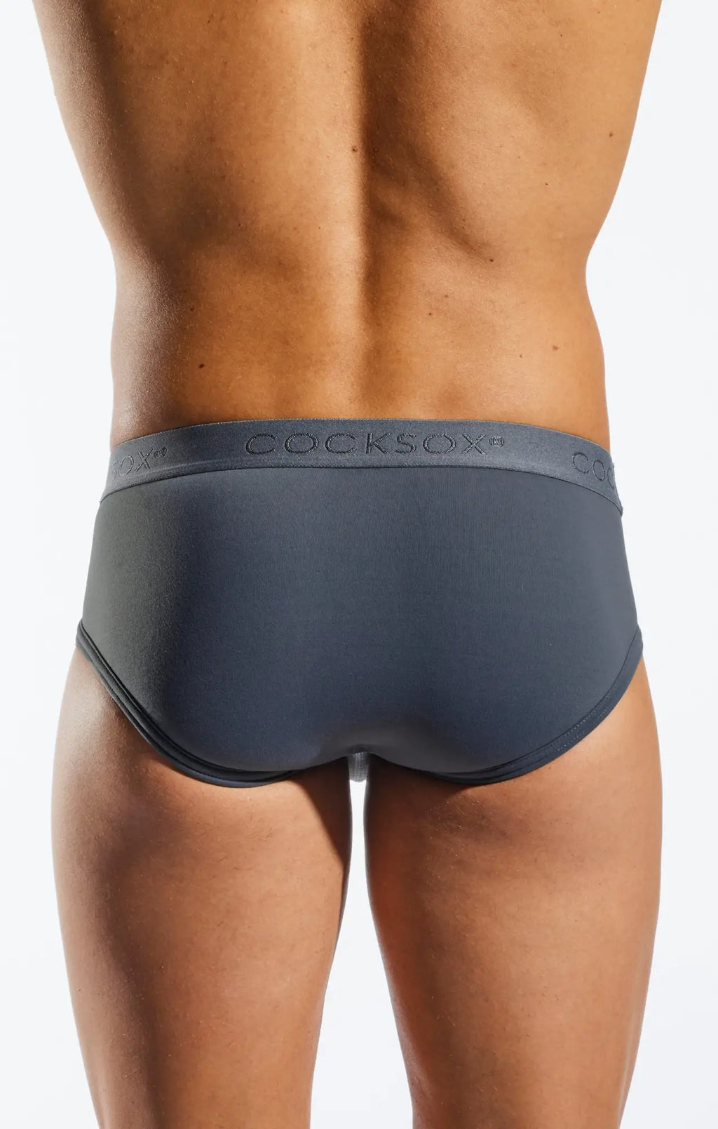 Dark gray cocksox cx76n sports brief with smooth form-fitting fabric and subtle logo on the waistband