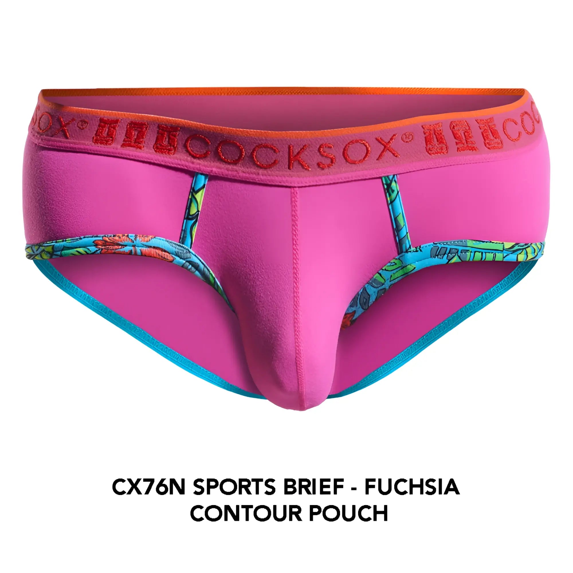 Fuchsia cx76n sports brief with orange sox waistband teal trim and tropical patterned side panels for active wear