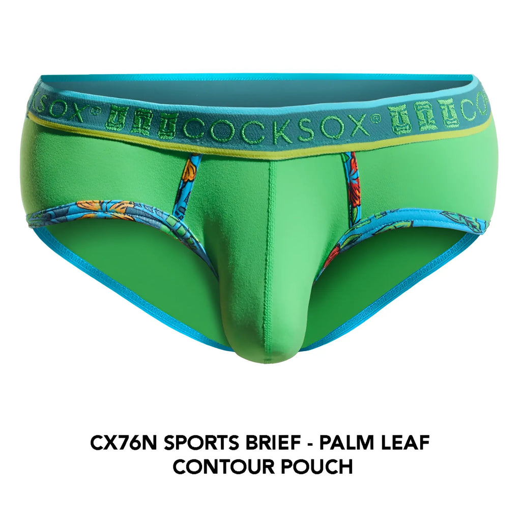 Green and blue palm leaf patterned cx76n sports brief with contoured pouch design for active wear