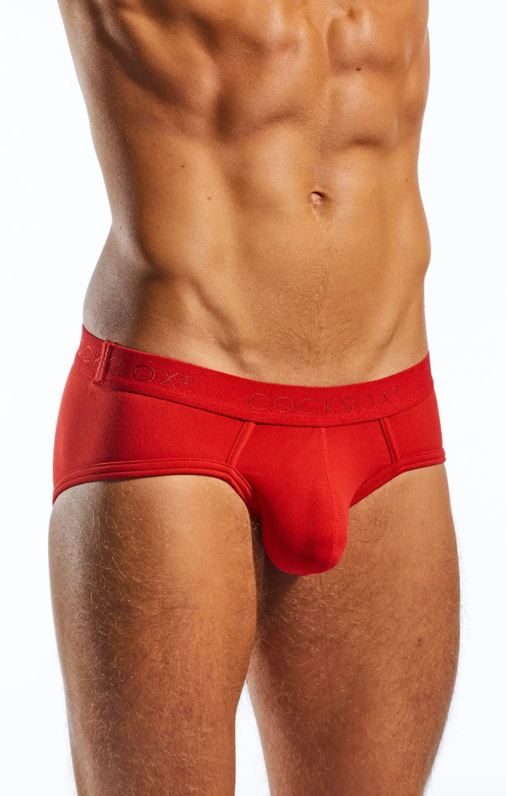 Red men’s cx76n sports briefs with a snug fit and elastic waistband designed for active wear