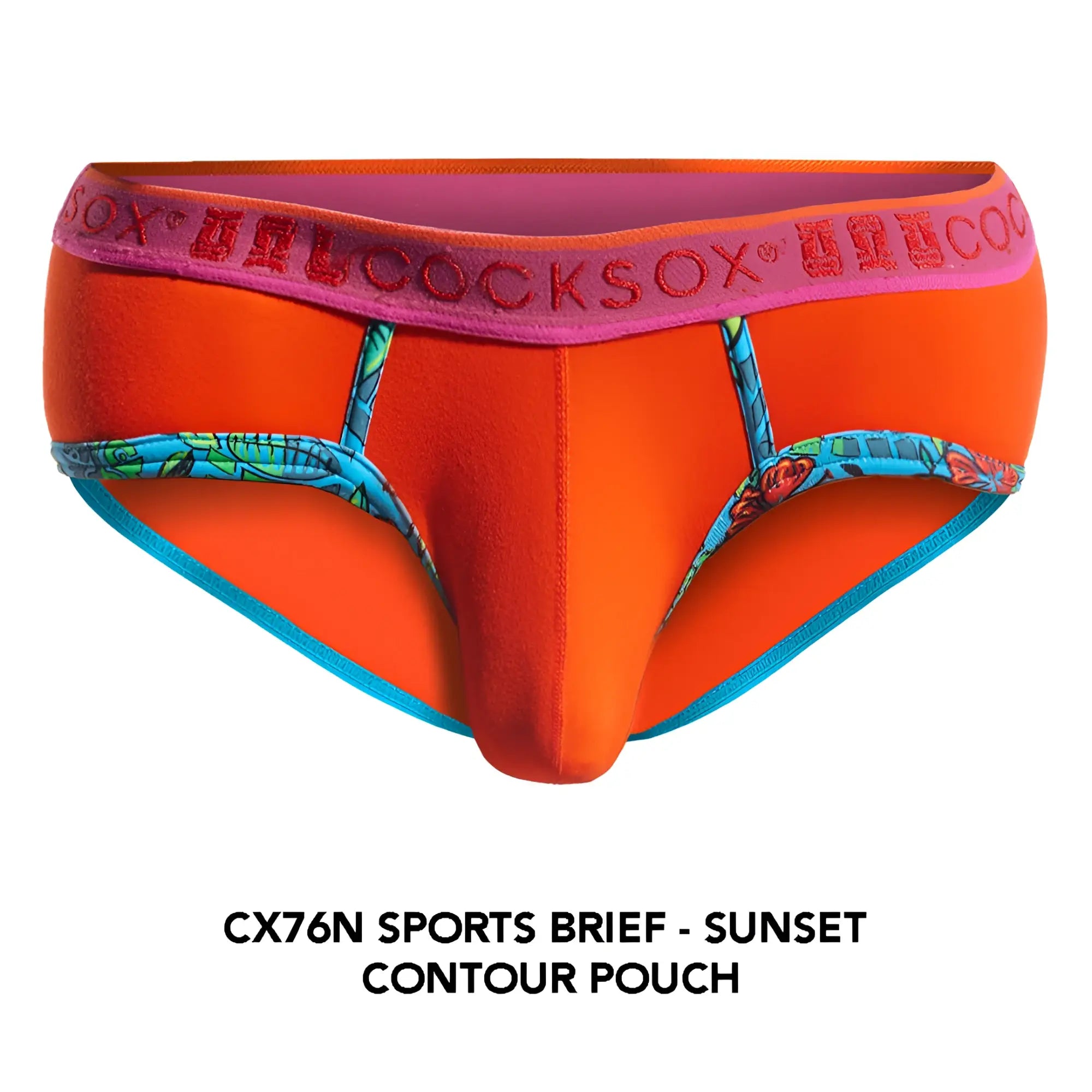 Vibrant orange cx76n sports brief with pink sox cocksox waistband and blue patterned side panels and trim