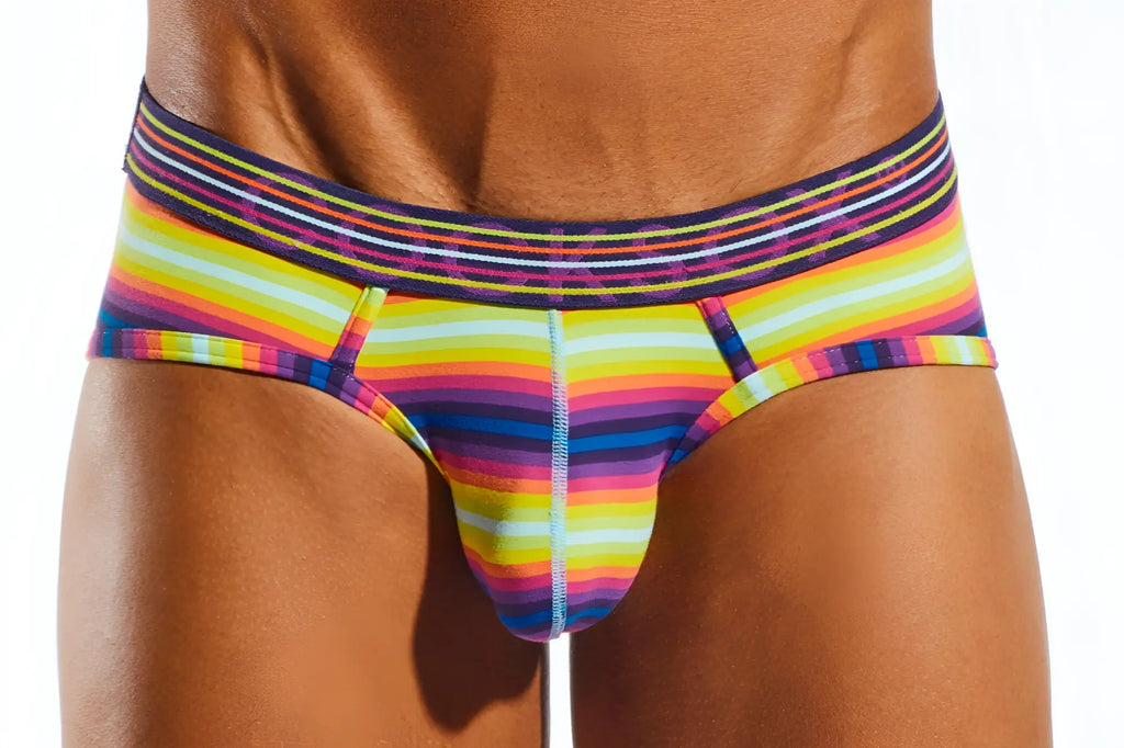 Vibrant rainbow-striped cx76n sports brief for men with a snug elastic waistband designed for active wear