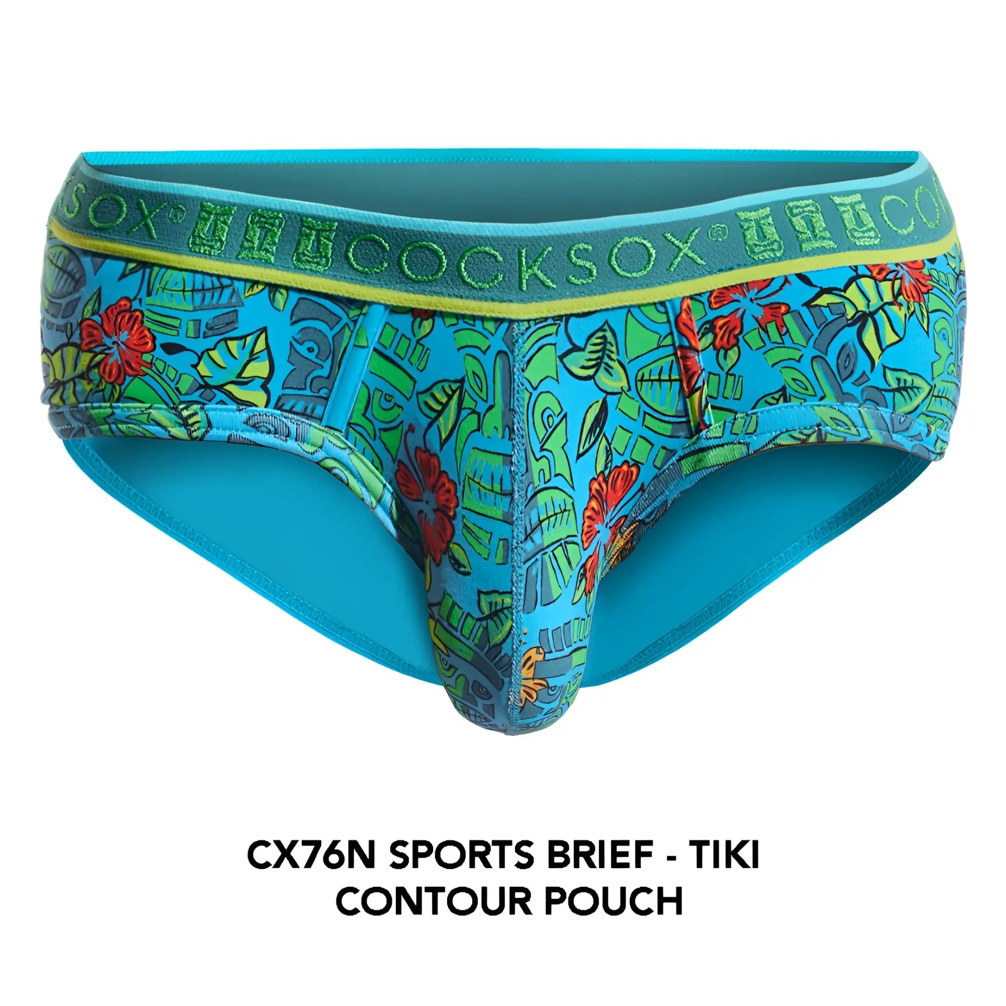 Cx76n sports brief vibrant turquoise and green patterned men’s brief with red floral accents and branded waistband