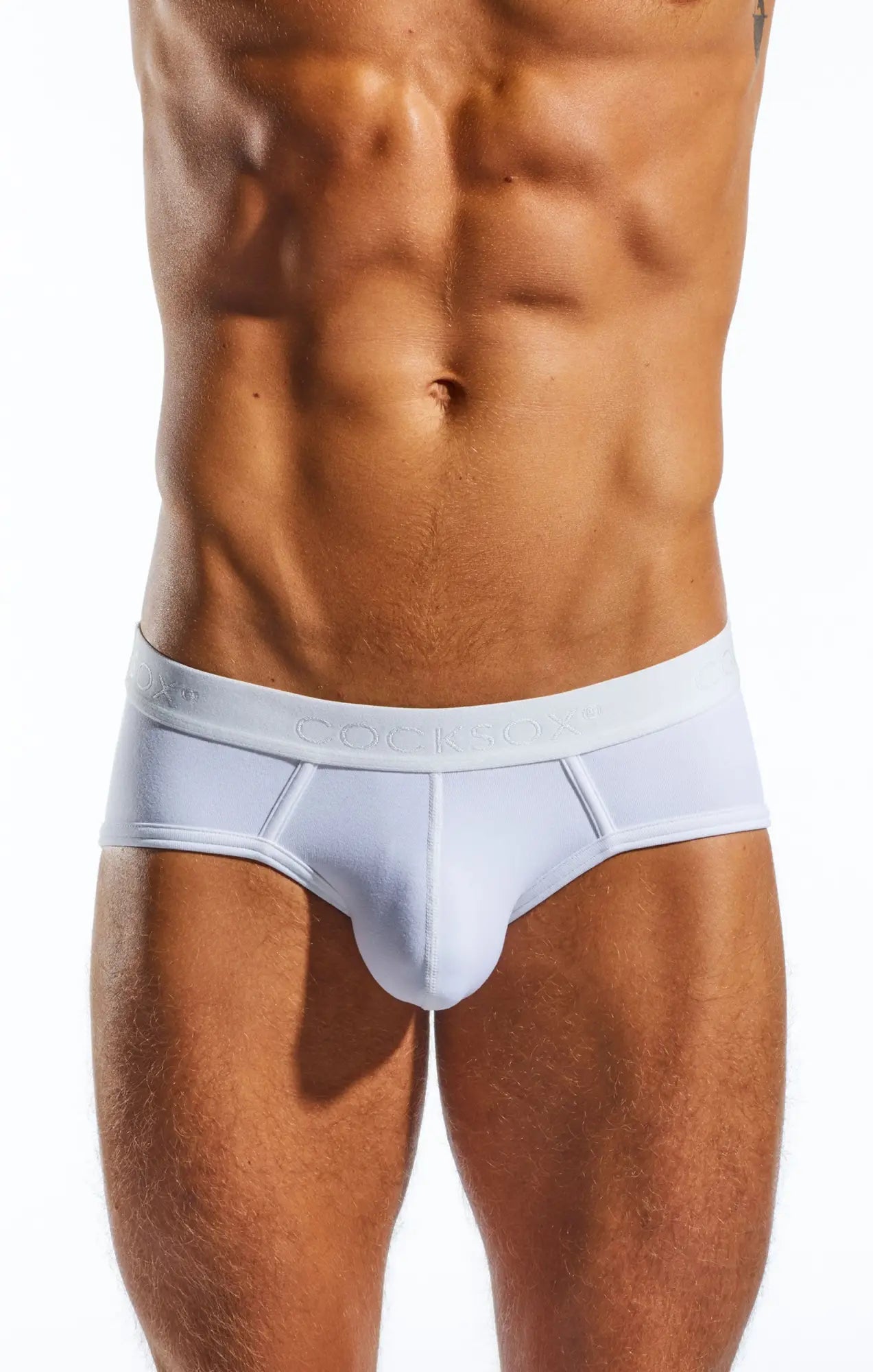 White cotton CX76N sports briefs with a subtle elastic waistband featuring the brand name cooliba in light gray lettering