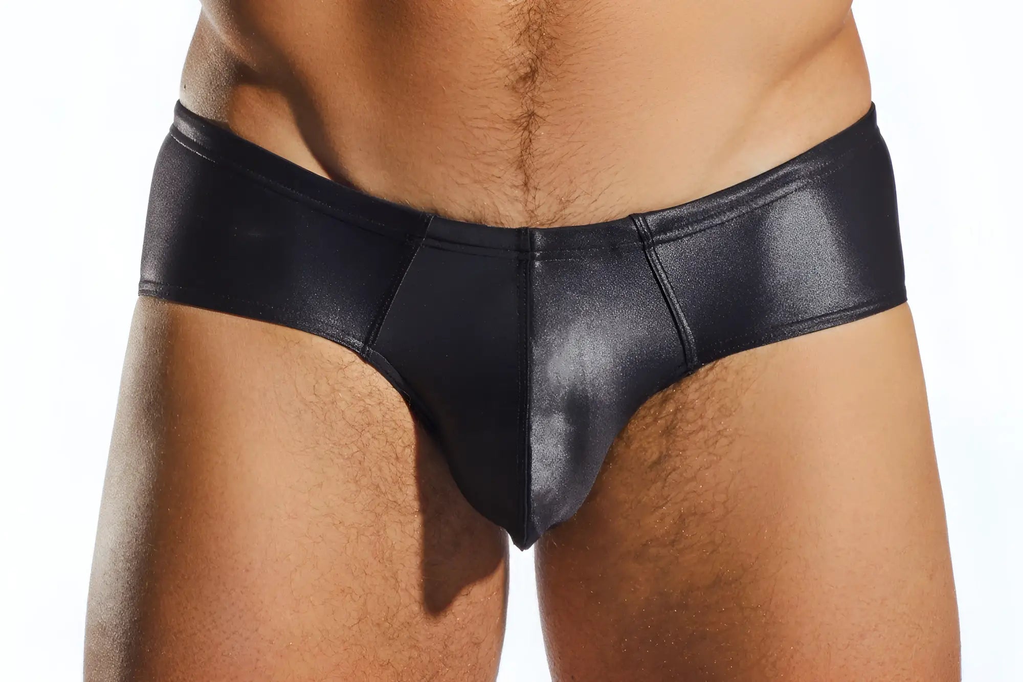 Cx79gs boy leg swim brief in black shiny faux leather showcasing a sleek and stylish swimwear design