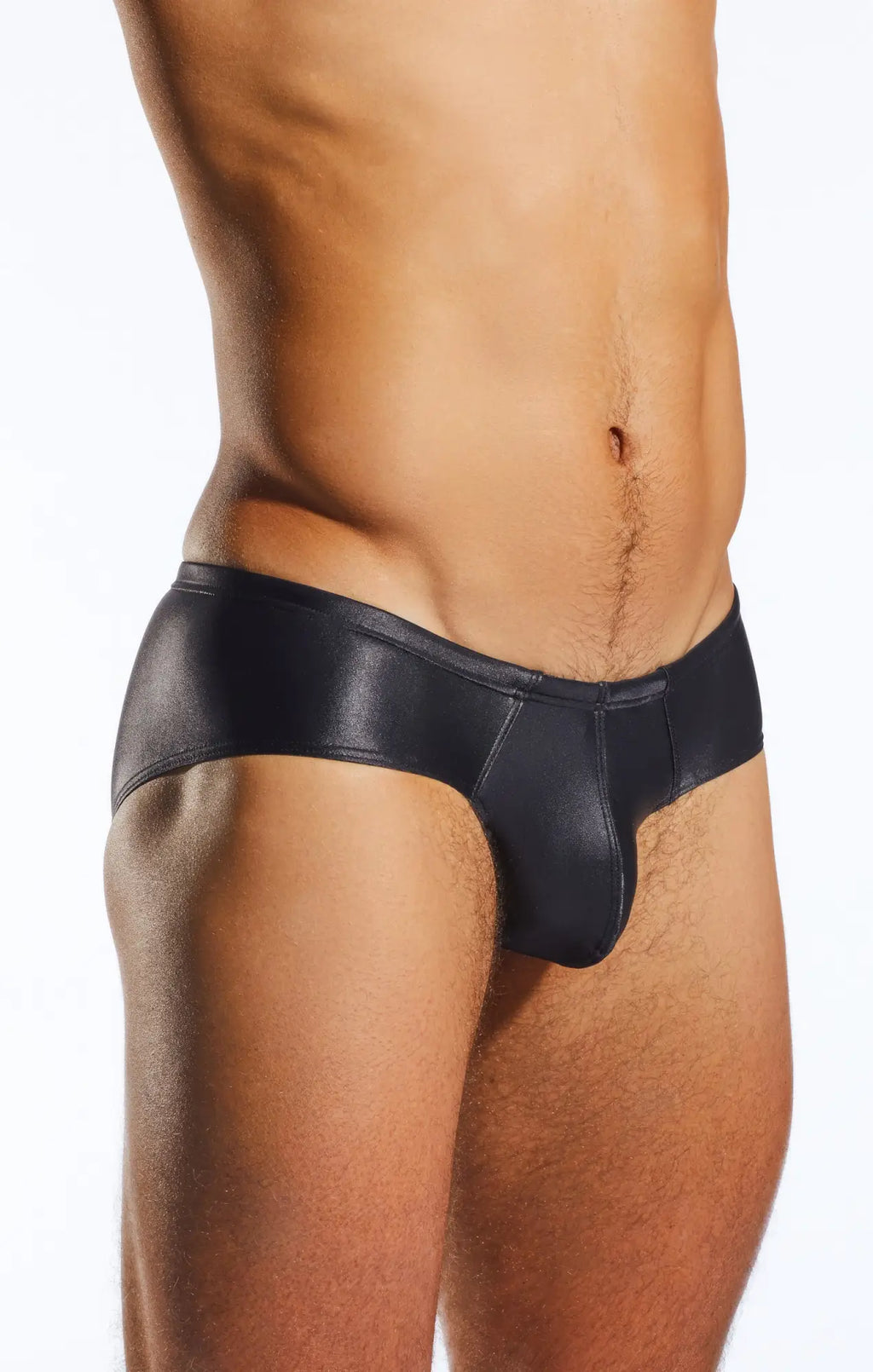 Black shiny faux leather boy leg swim brief cx79gs with sleek form fitting design