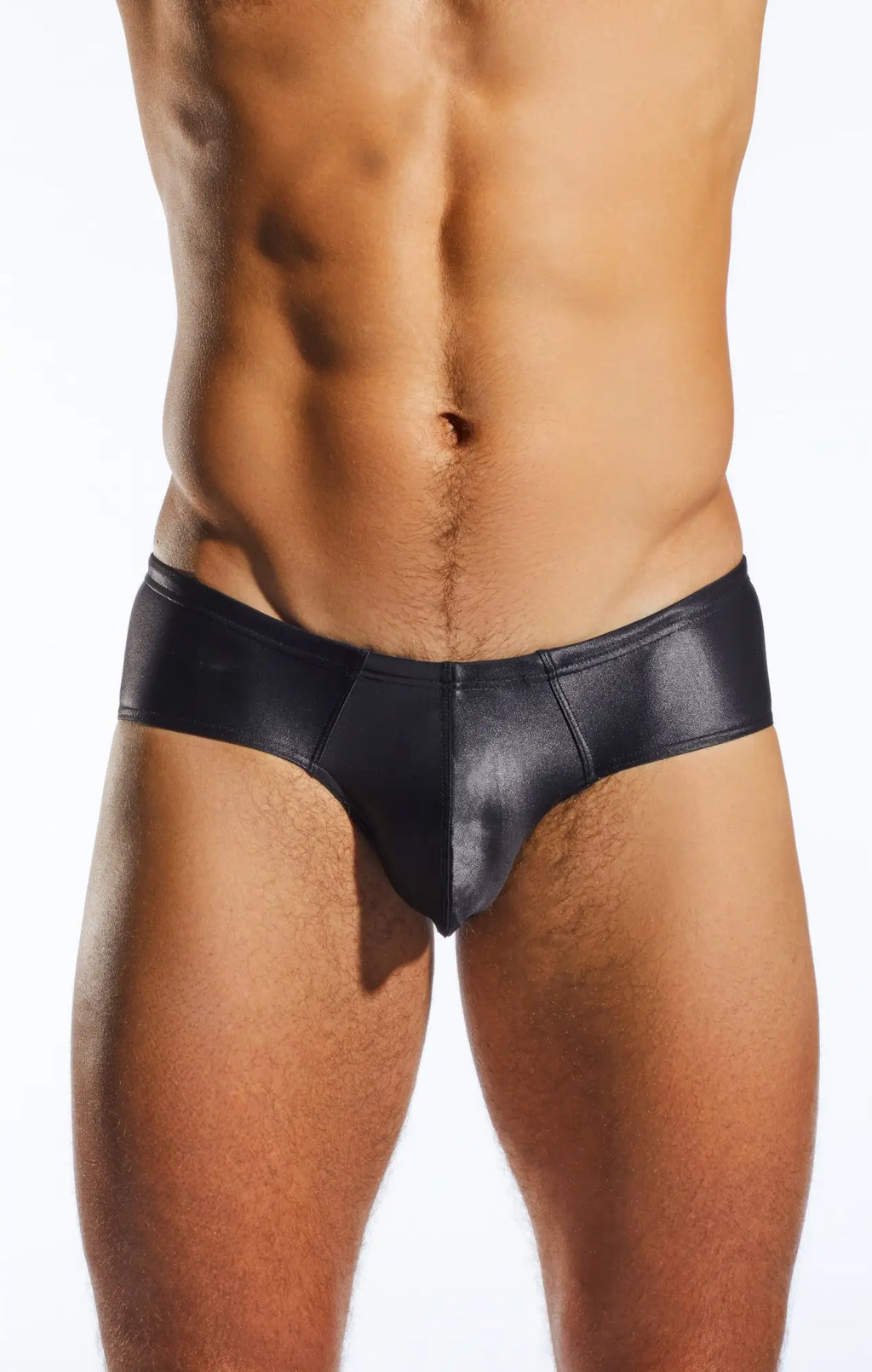Black shiny faux leather boy leg swim brief cx79gs with sleek form fitting design