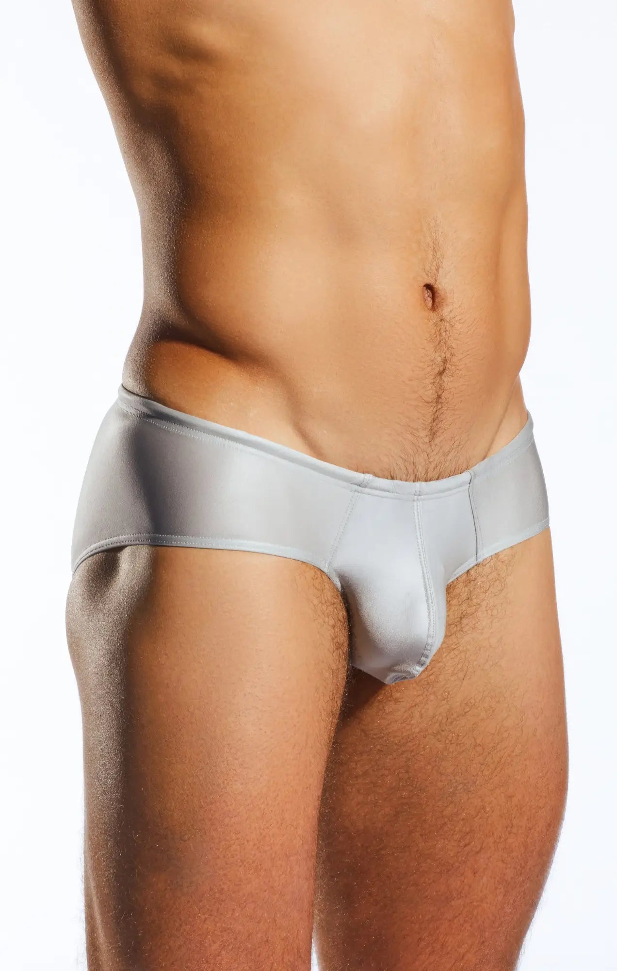 Light gray smooth textured cx79gs boy leg swim brief for men with snug fit and elastic waistband