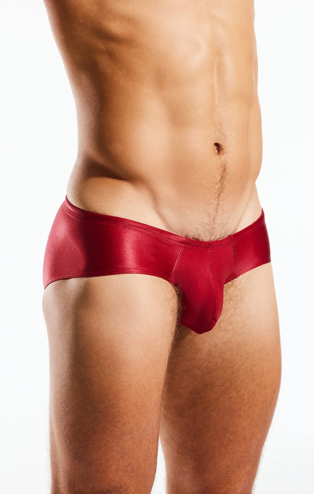 Red satin boy leg swim brief cx79gs with smooth glossy finish designed for comfortable swimwear use