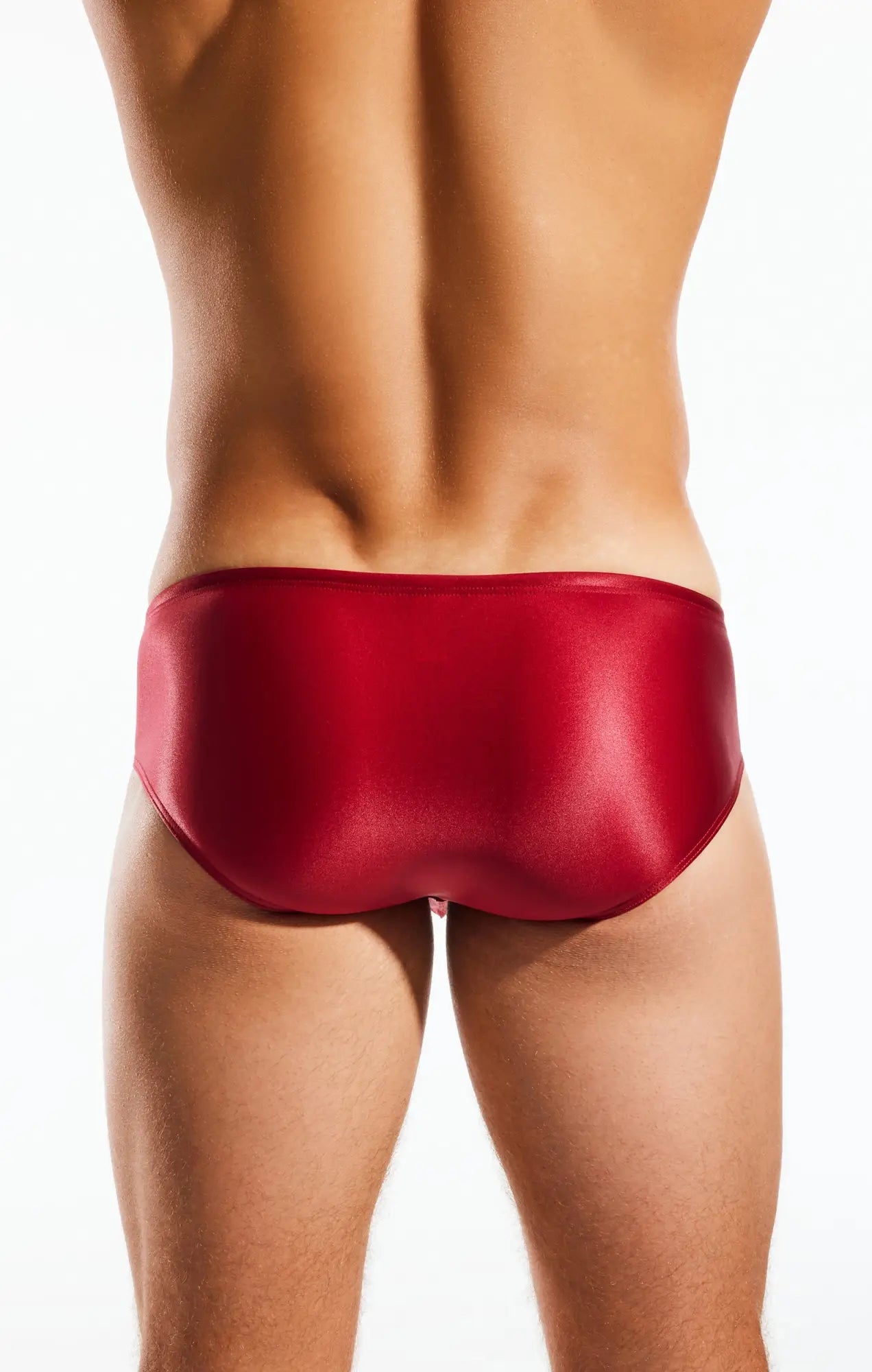Red shiny satin boy leg swim brief cx79gs showcasing smooth fabric and vibrant color for stylish swimwear use