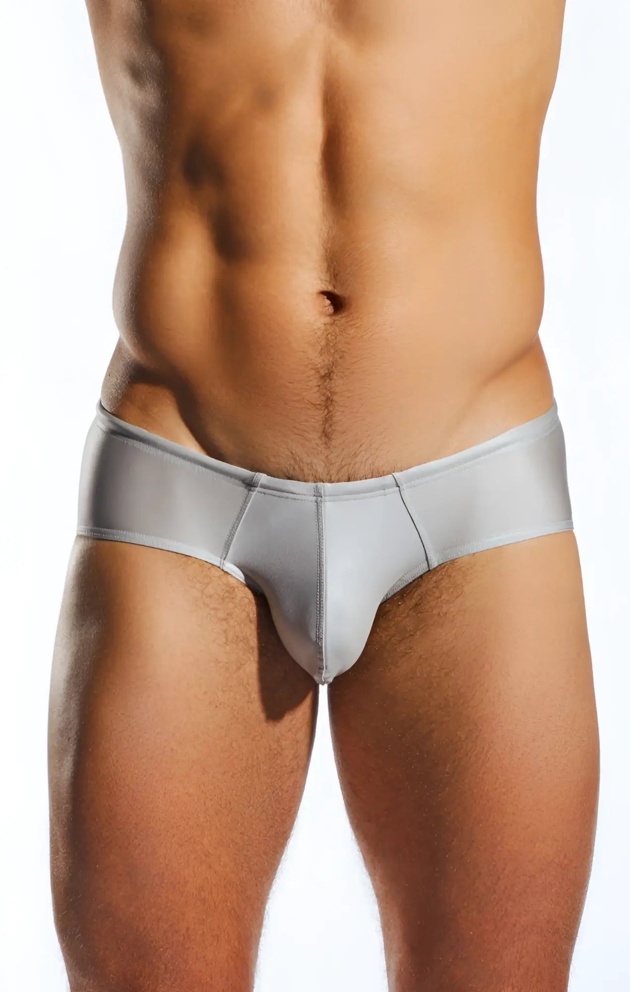 Silver cx79gs boy leg swim brief with smooth slightly glossy fabric and subtle seam detailing in form-fitting style