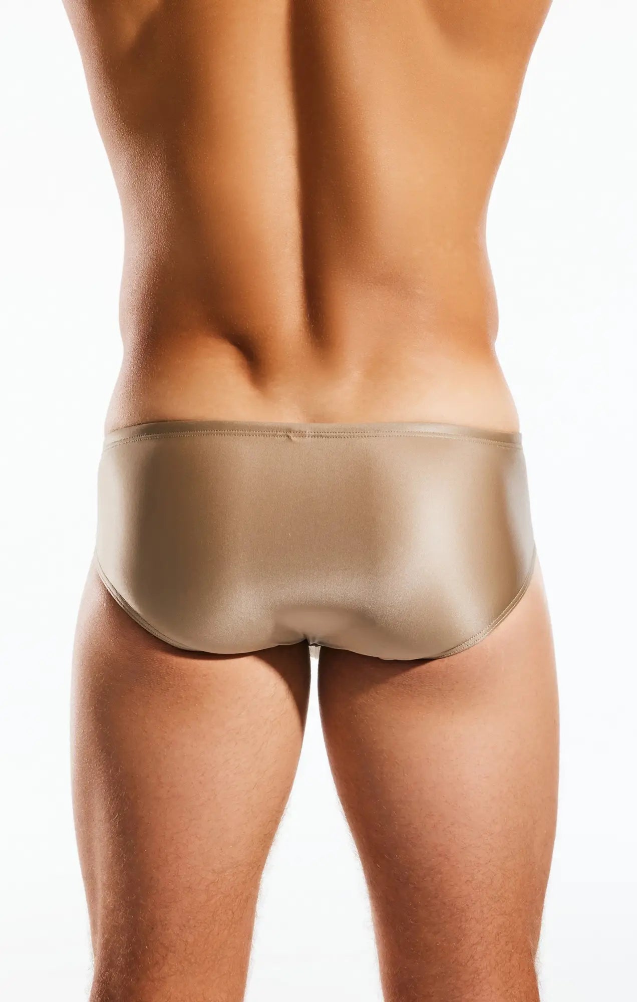 Cx79gs boy leg swim brief in sleek metallic gold satin with smooth glossy finish and snug fit front view