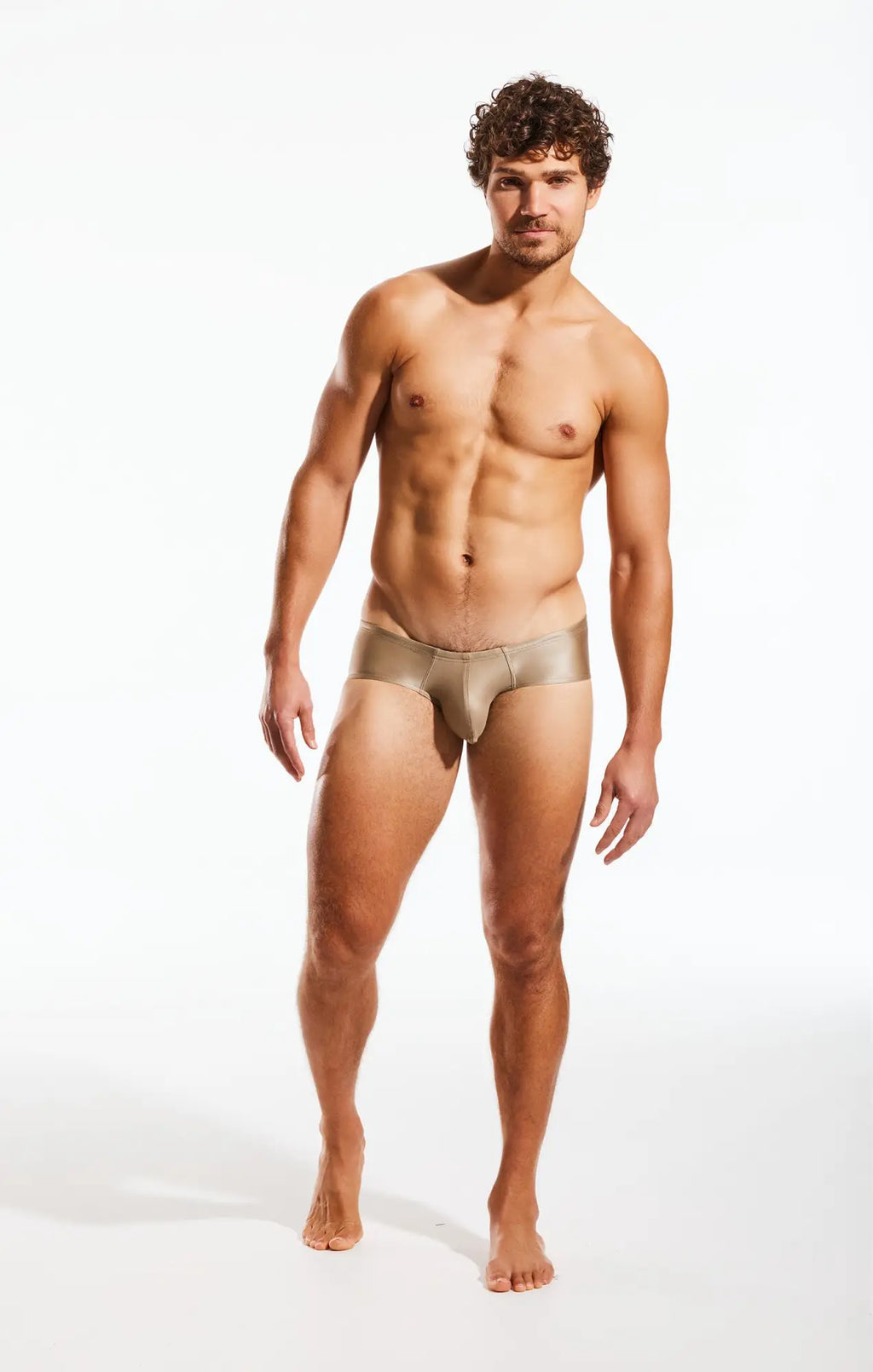 A sleek metallic gold cx79gs boy leg swim brief with smooth form fitting design for comfortable swimwear use