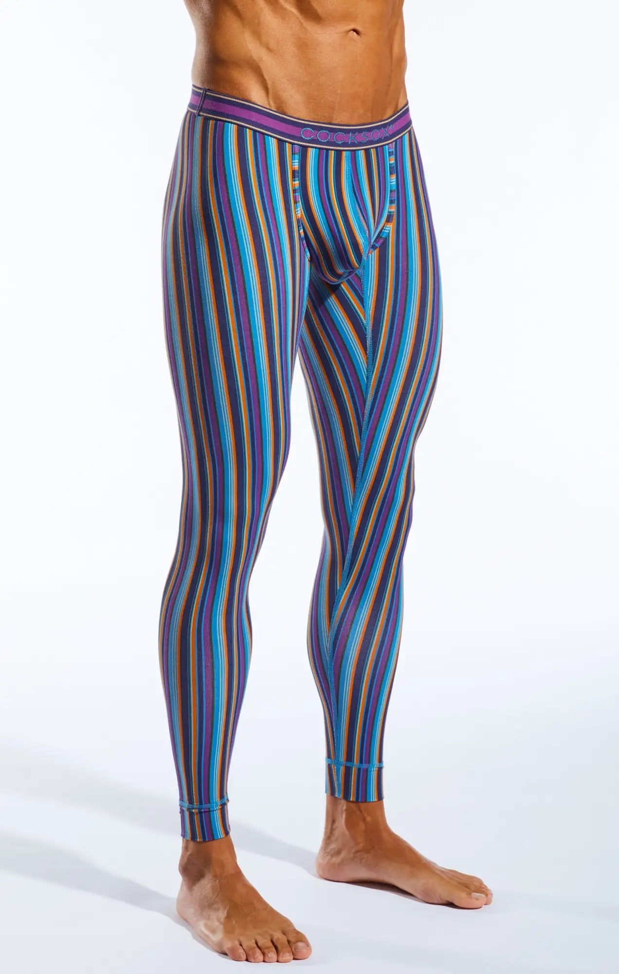 Cx92 long john vibrant striped compression leggings in blue purple and gold with matching elastic waistband