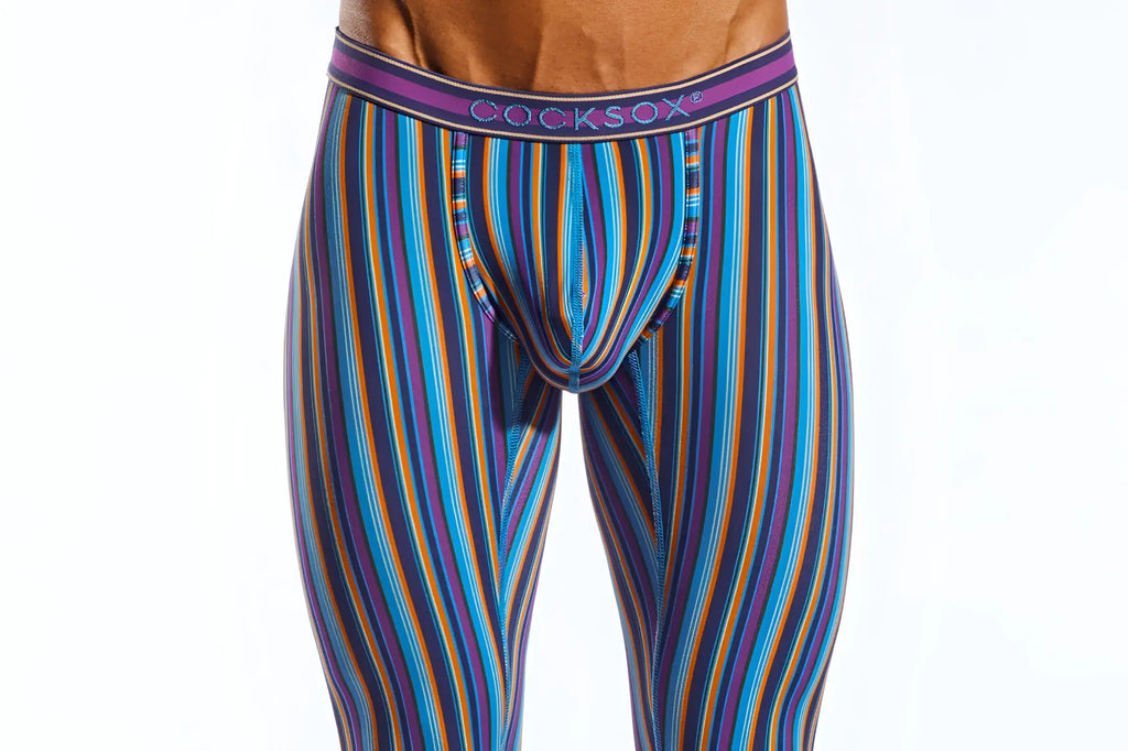 Vibrant striped men’s boxer briefs cx92 long john with bold blue purple orange vertical stripes and matching cocksox waistband
