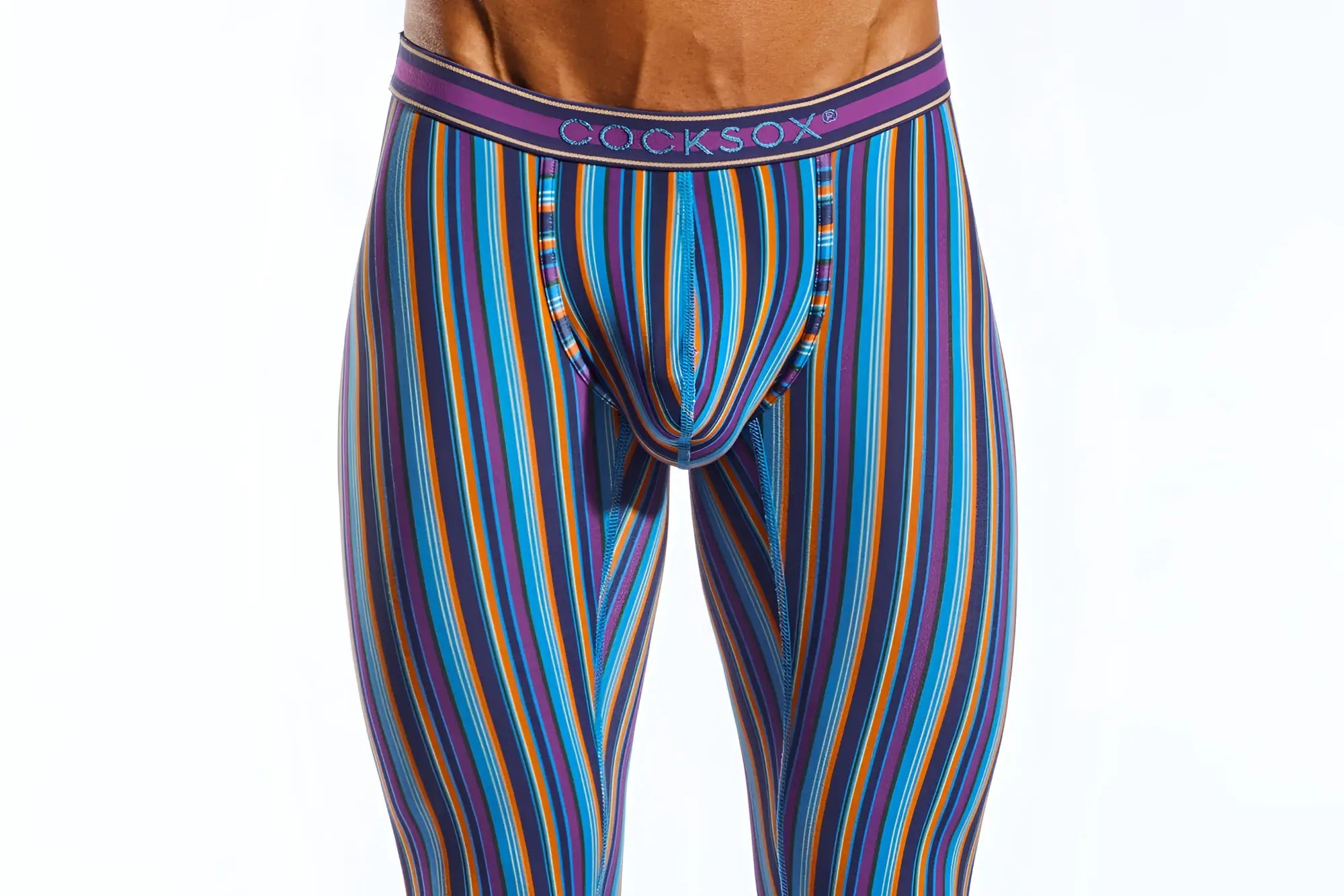 Vibrant striped men’s boxer briefs cx92 long john with bold blue purple orange vertical stripes and matching cocksox waistband