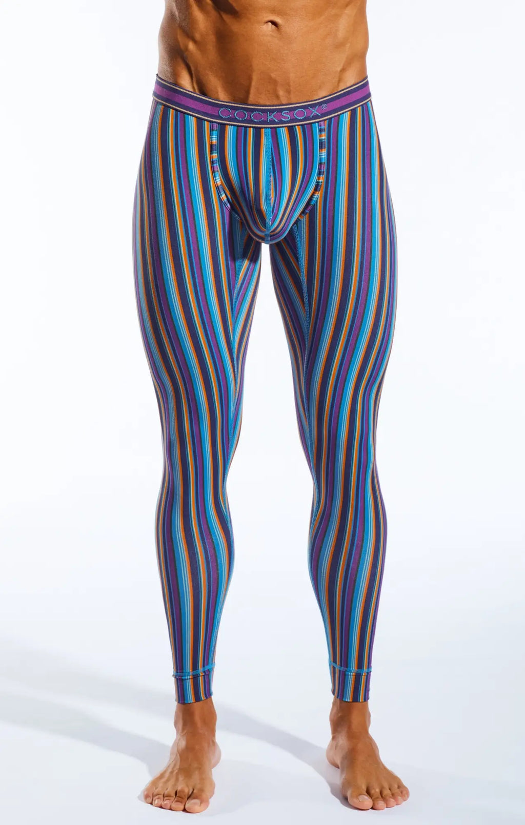 Cx92 long john vibrant striped men’s compression leggings in blue purple and gold with branded elastic waistband