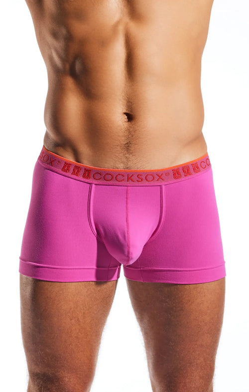 Bright pink cx94 boxer briefs with an orange waistband featuring hercosox red branding for men