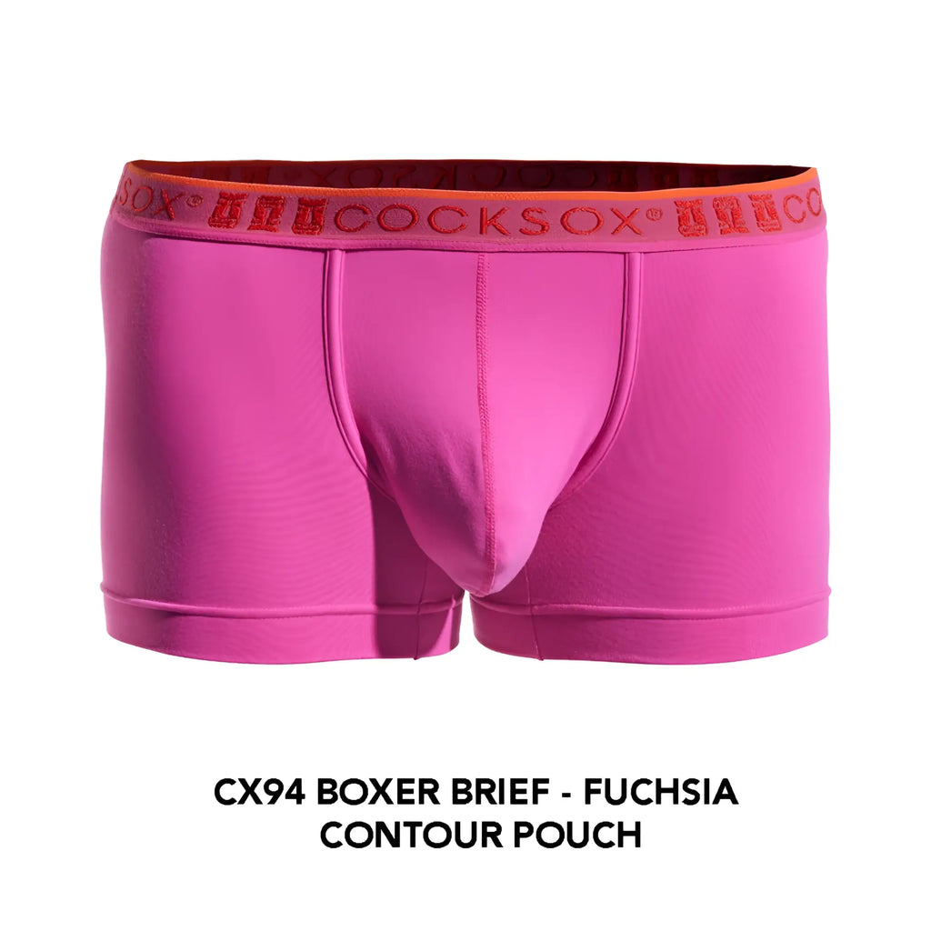 Fuchsia cx94 boxer brief with contour pouch and orange waistband featuring sox cocks logo for comfortable wear
