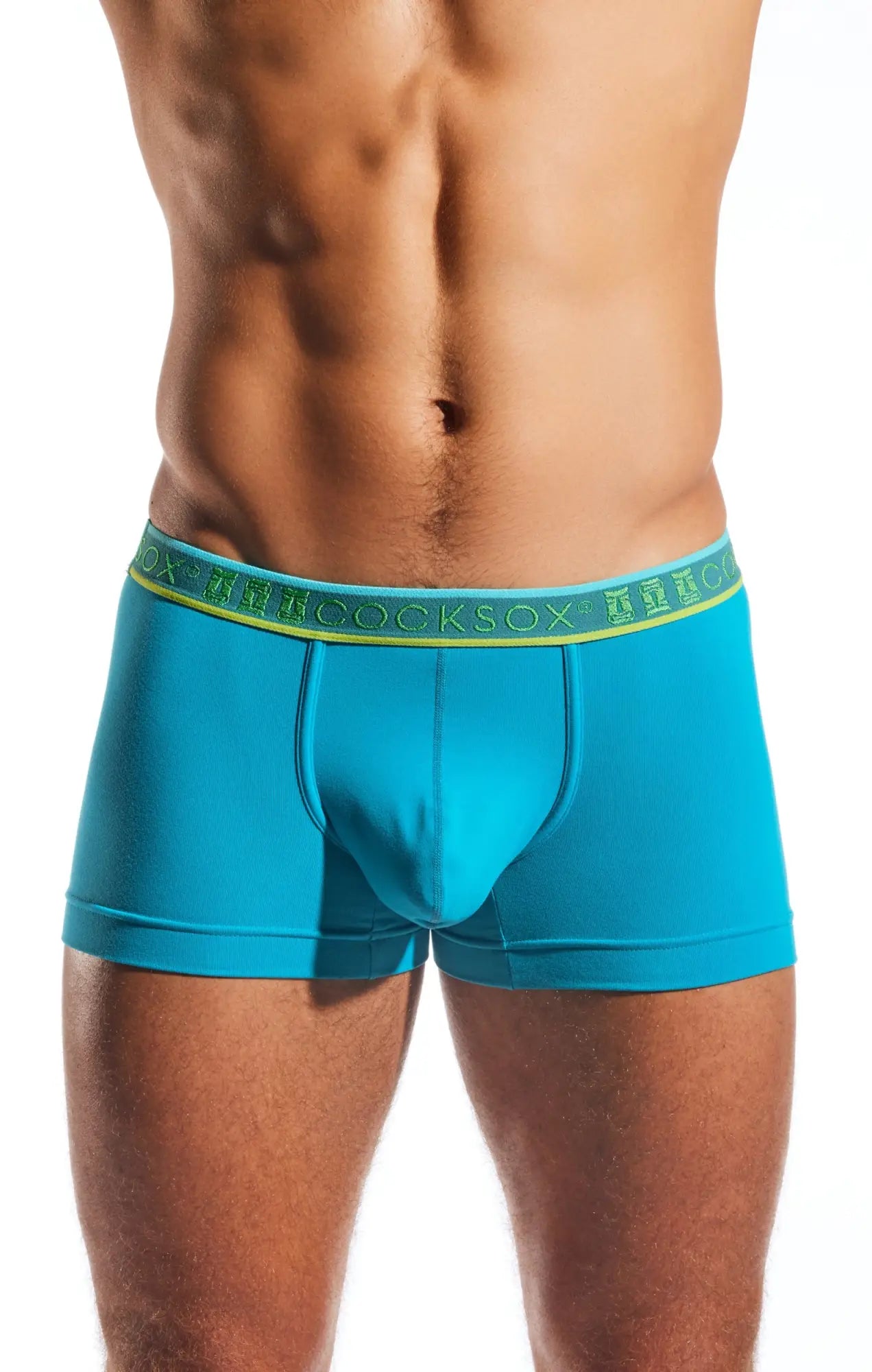 Turquoise blue men’s cx94 boxer briefs with lime green elastic waistband featuring cocksox branding