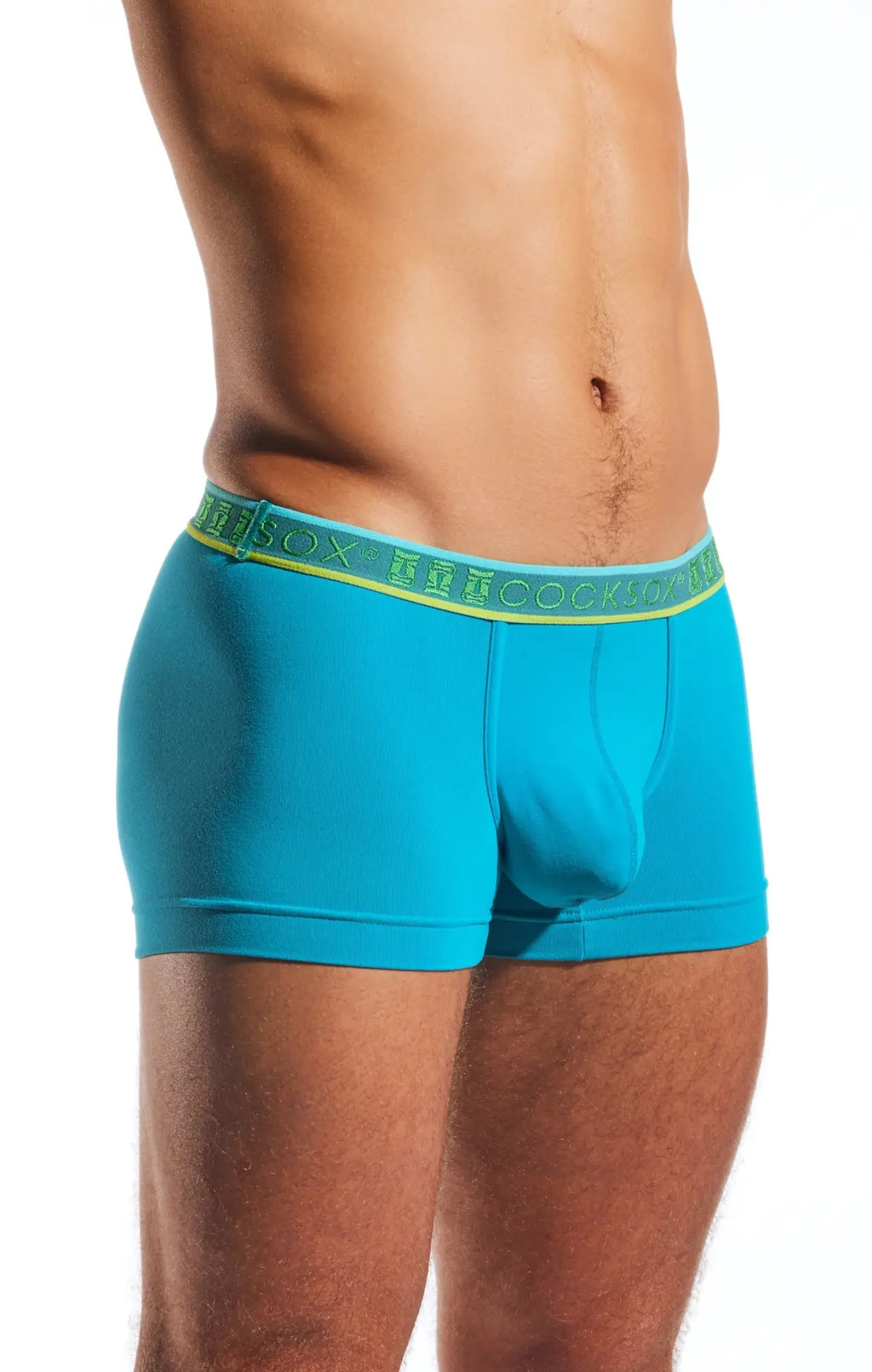 Turquoise cx94 boxer briefs with lime green elastic waistband featuring sox cock logo for comfortable support