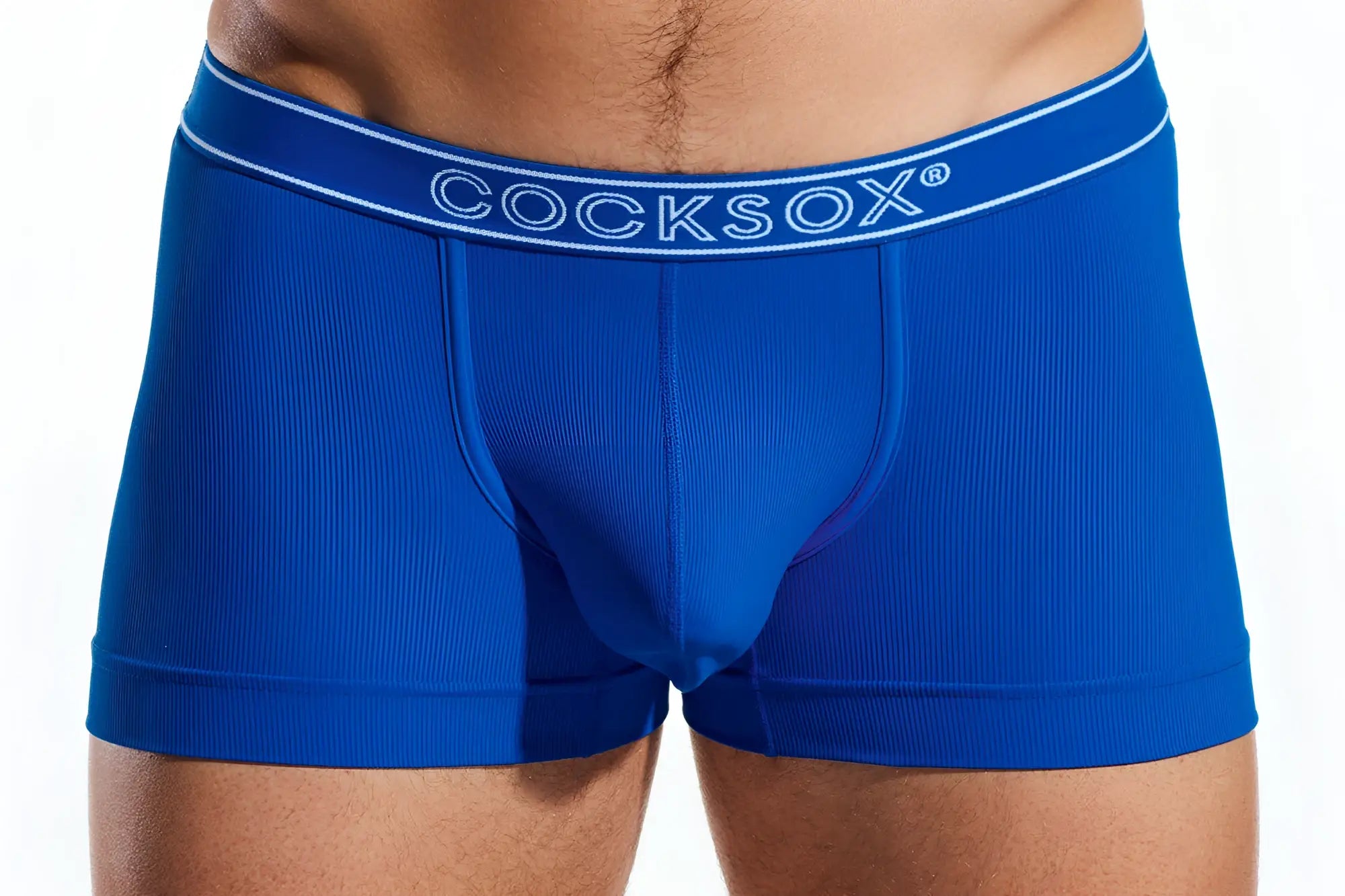 Royal blue ribbed boxer briefs with a white cocksox logo on the waistband CX94BR boxer brief front view