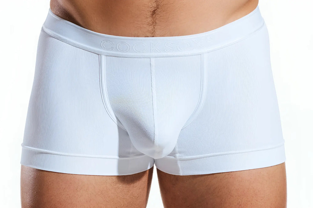 White ribbed boxer briefs CX94BR with branded elastic waistband for comfortable everyday wear