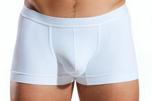 White ribbed boxer briefs CX94BR with branded elastic waistband for comfortable everyday wear
