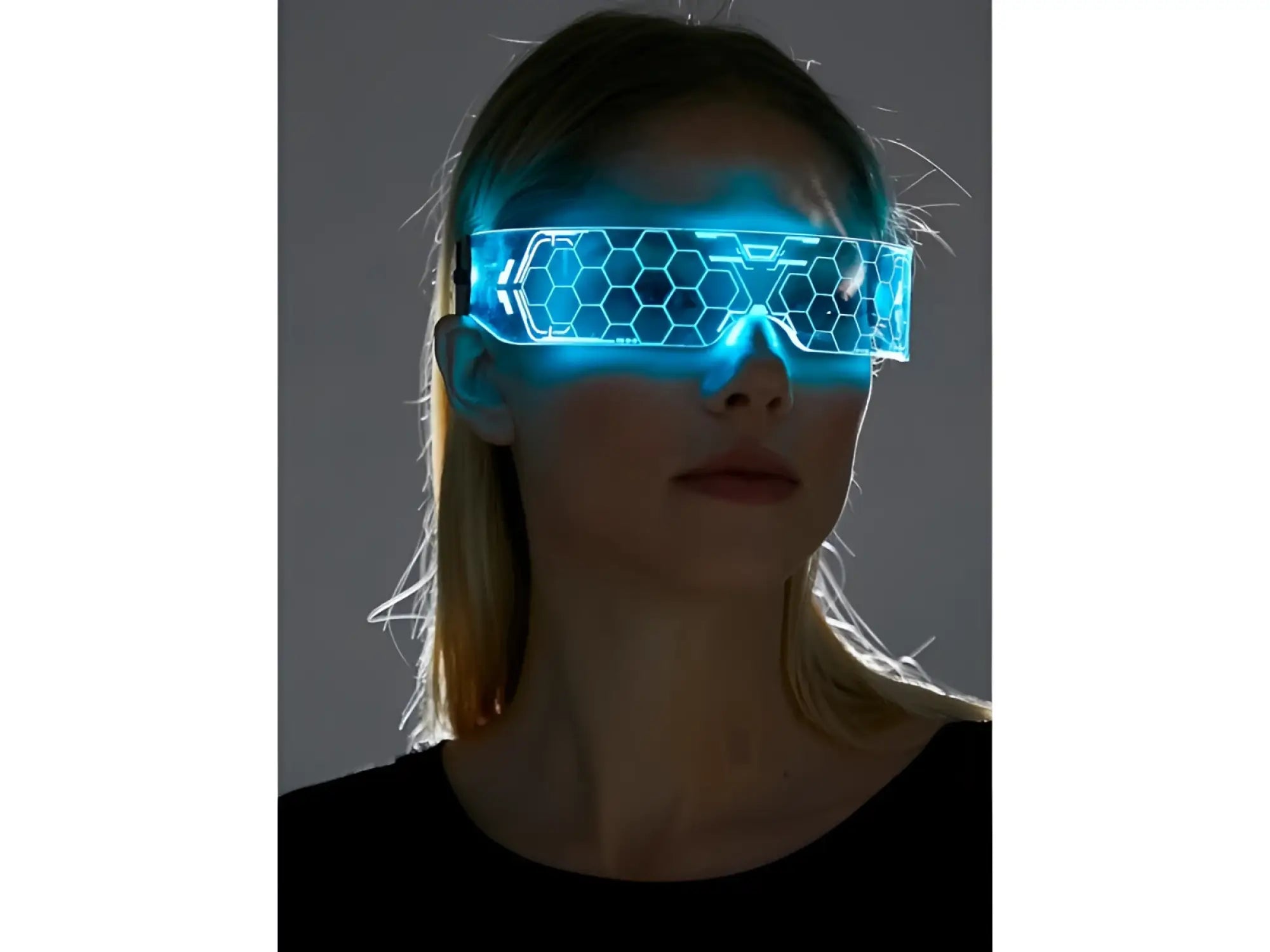 Cyberpunk light up glasses with blue glowing hexagonal patterned futuristic eyewear design for stylish tech wear