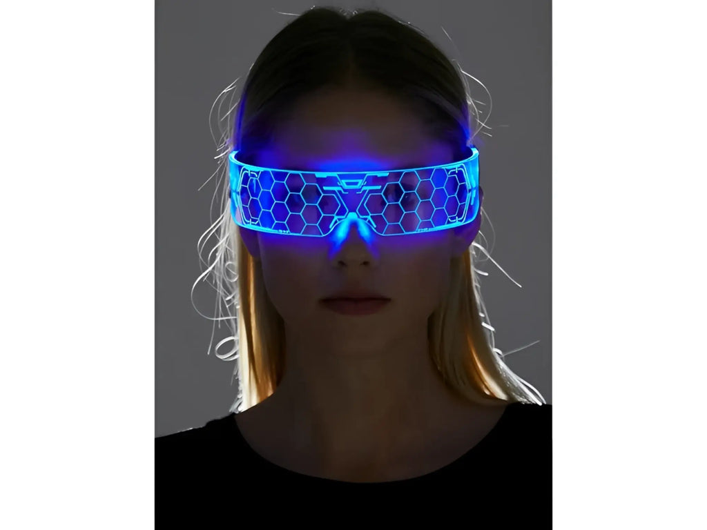 Cyberpunk light up glasses with blue led-lit futuristic visor and hexagonal pattern for stylish nightwear use
